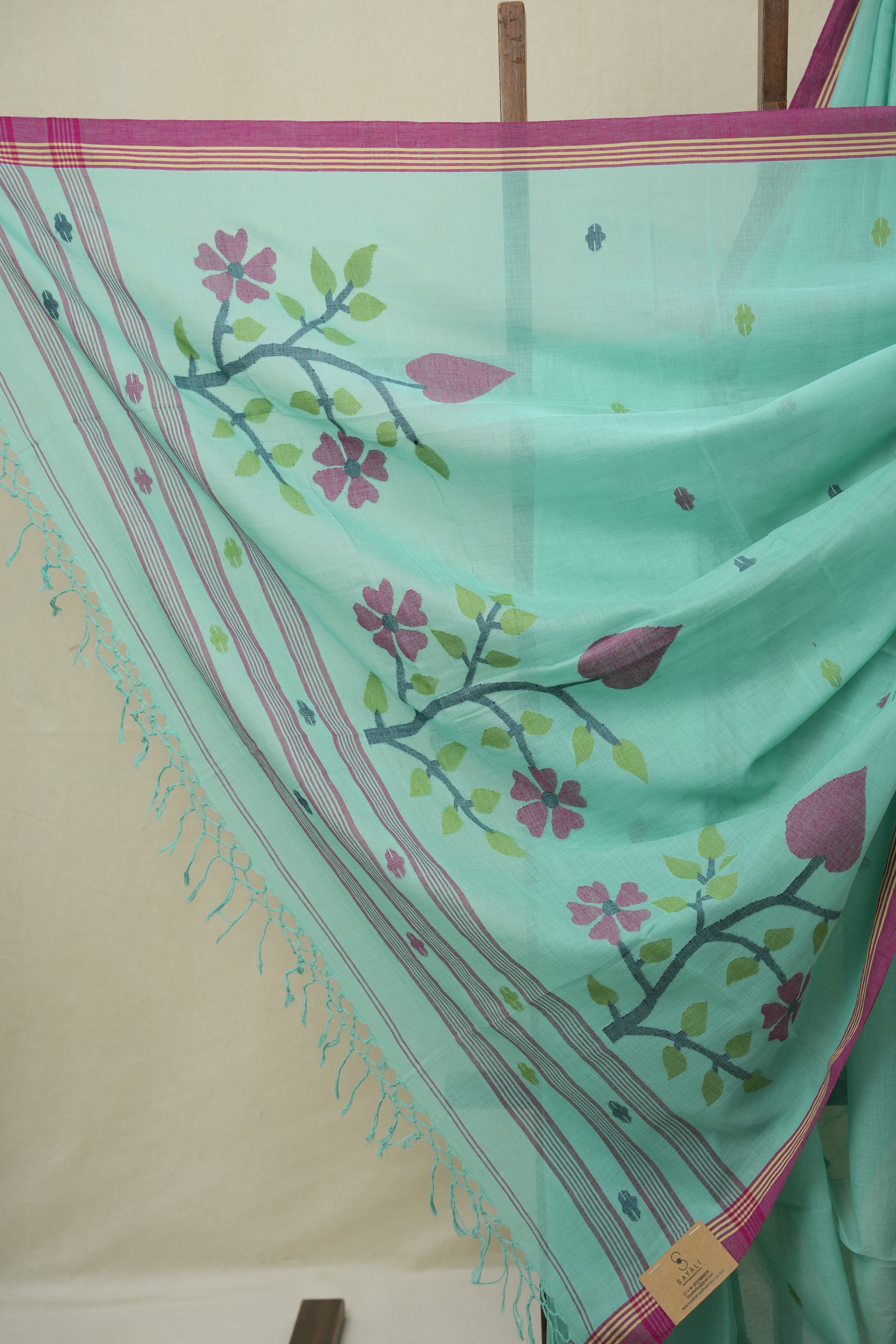 Teal Blue Mul Bengal Cotton Jamdani Saree - SRTBCJS240