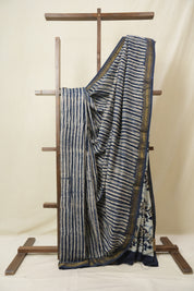Indigo Beige HBP Cotton Silk Saree With Maheshwari Border - SRIBCSS1572