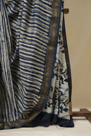 Indigo Beige HBP Cotton Silk Saree With Maheshwari Border - SRIBCSS1572