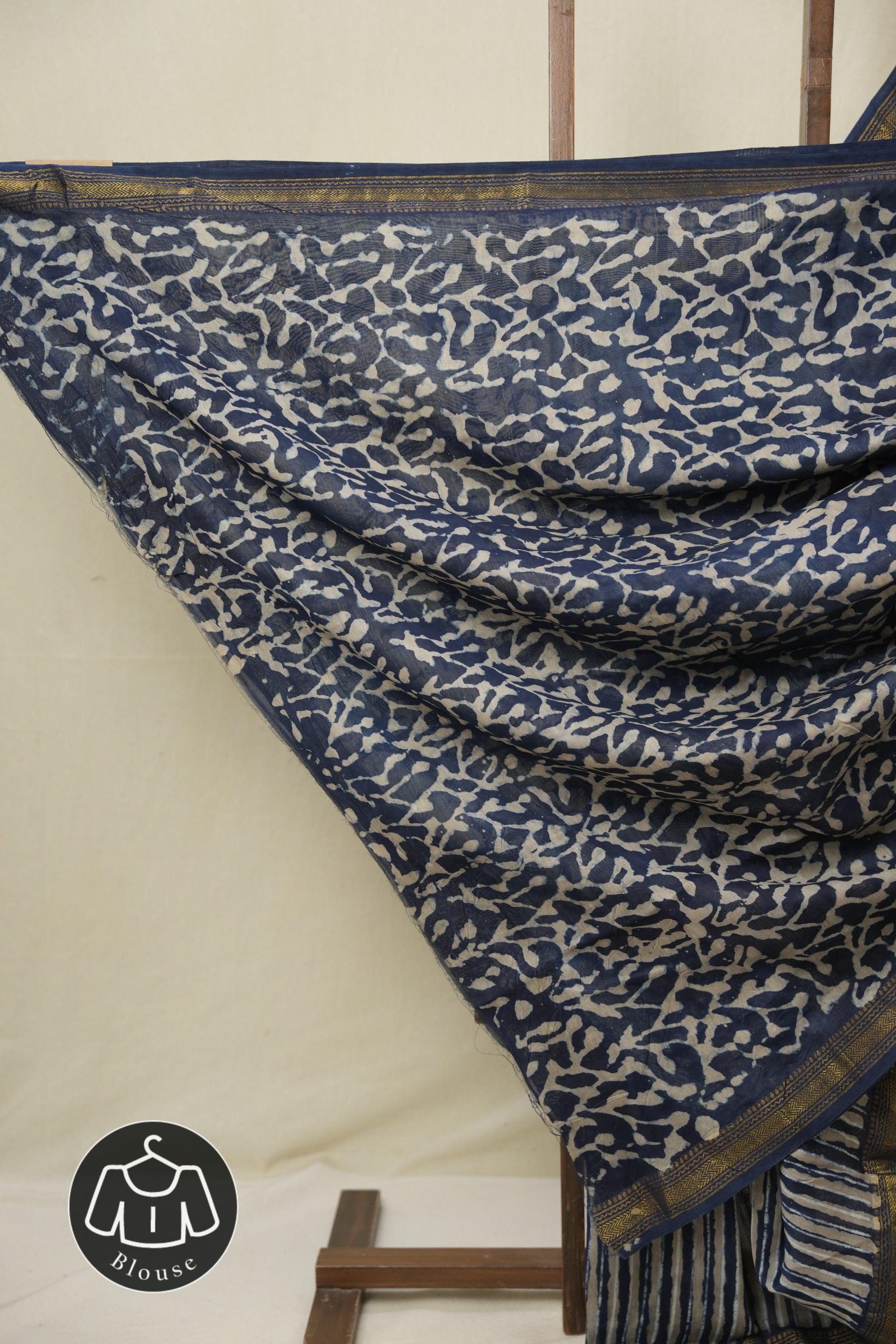 Indigo Beige HBP Cotton Silk Saree With Maheshwari Border - SRIBCSS1572