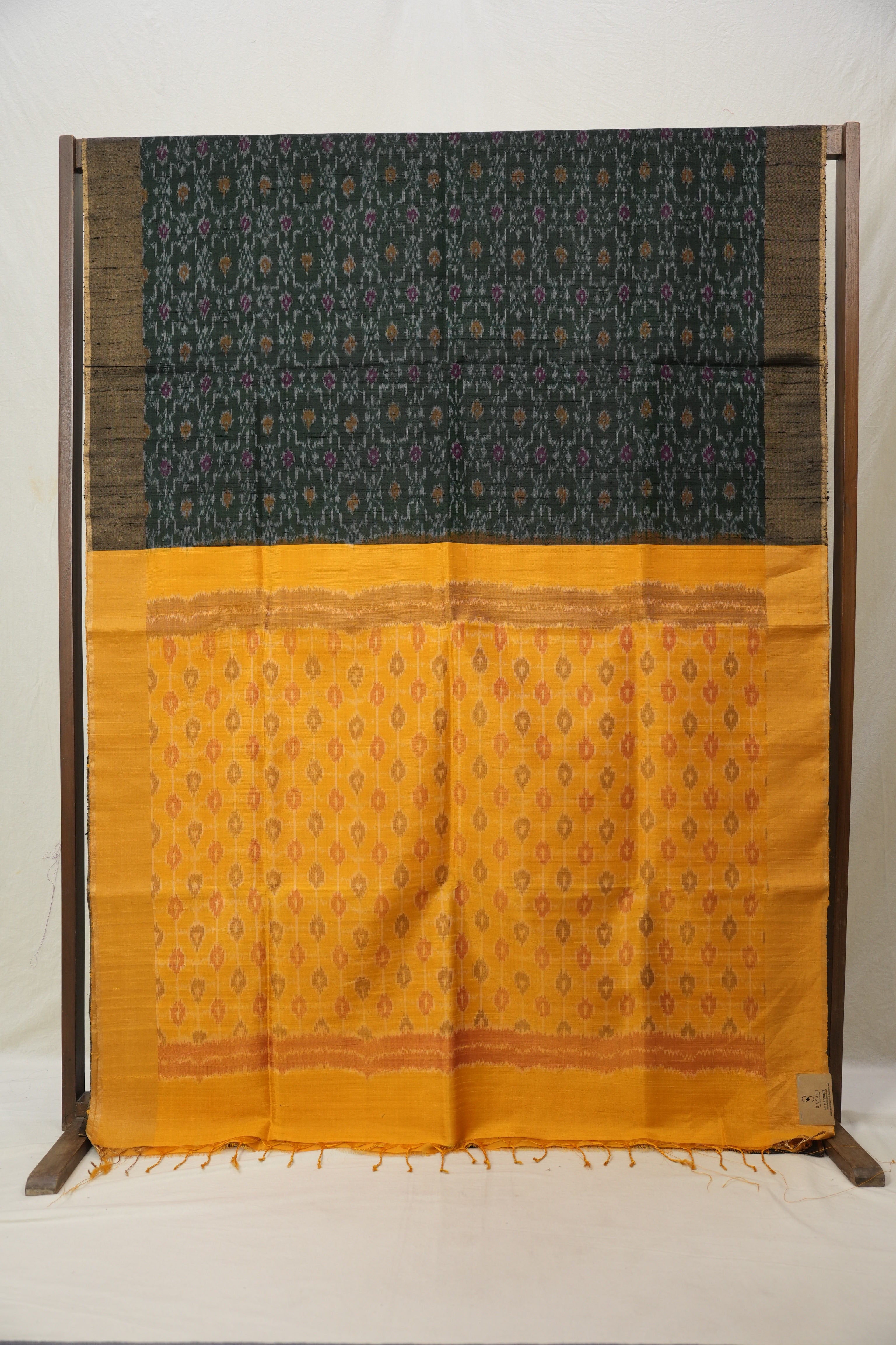 Bottle Green Yellow Raw Silk Ikat Saree - SRBGYRSIS868