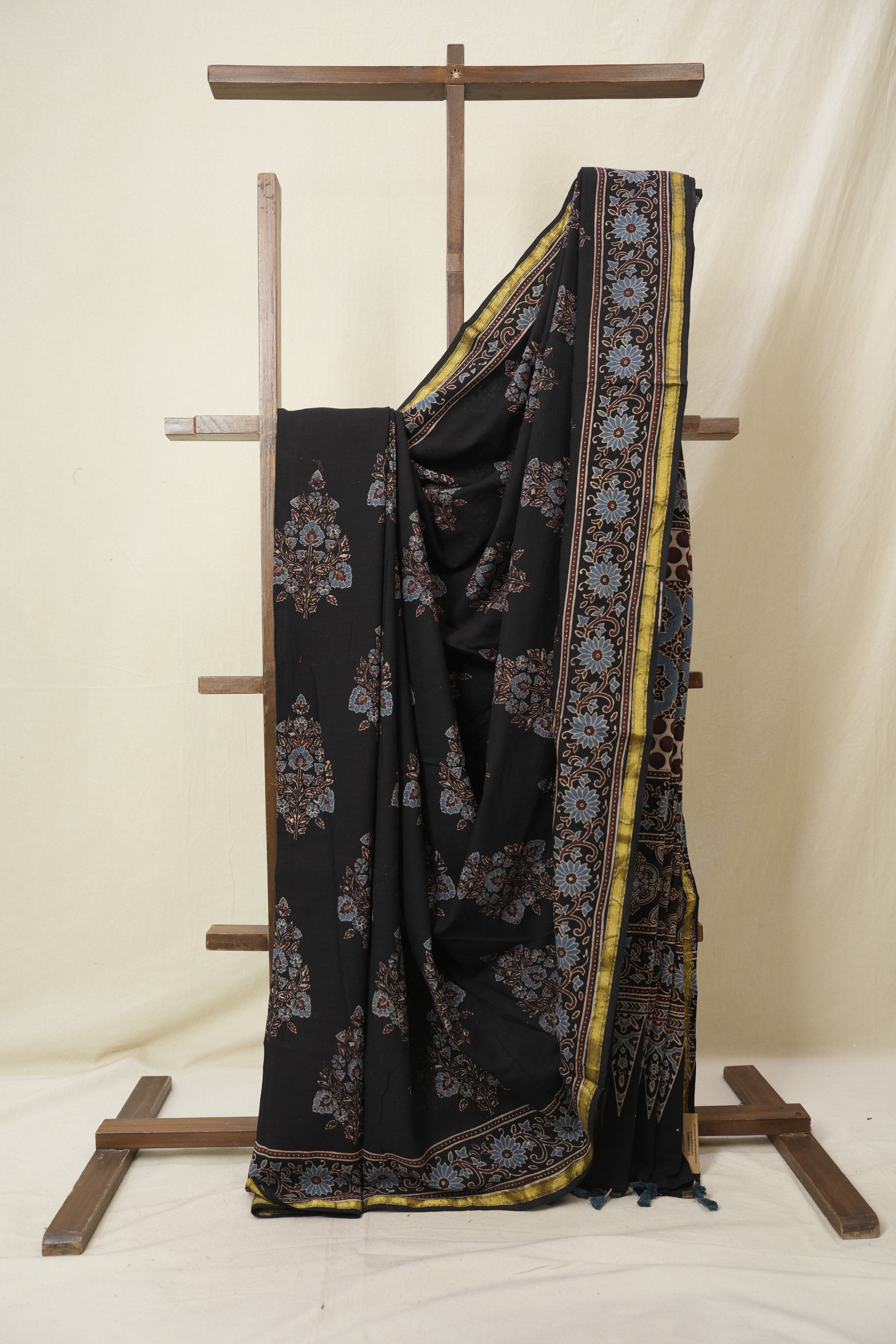 Black HBP Cotton Ajrakh Saree - SRBCAS11