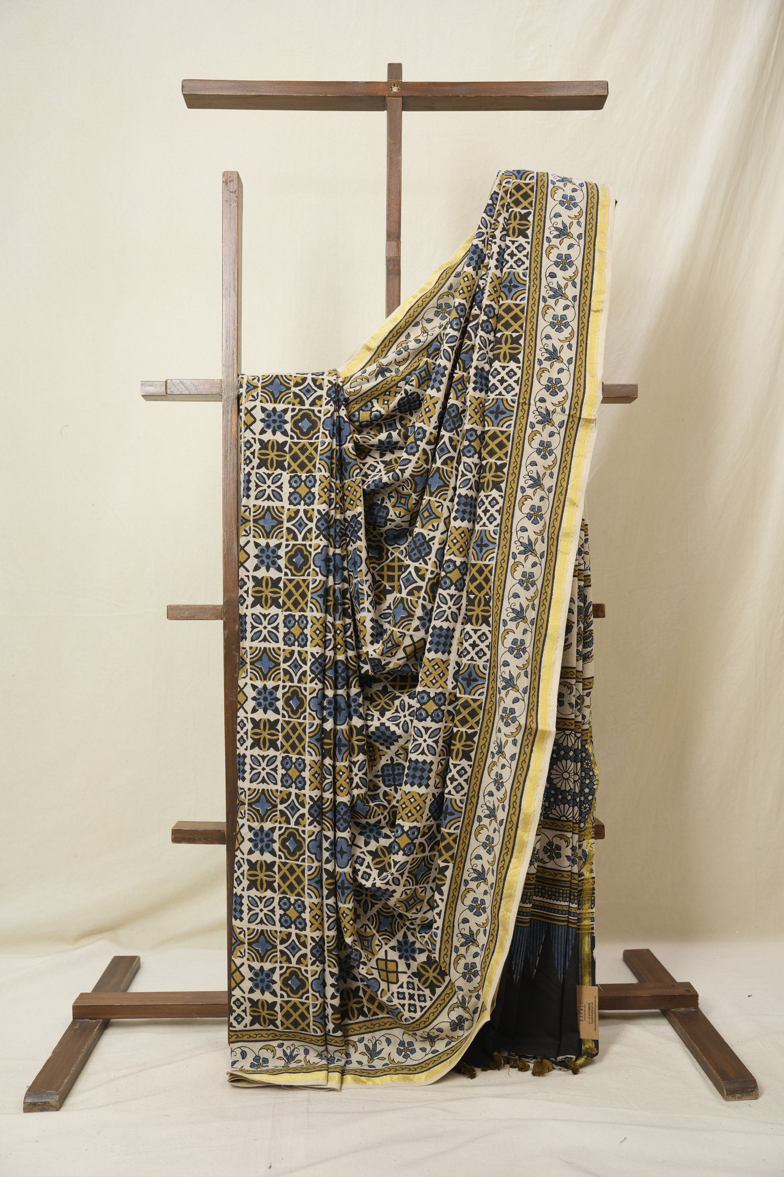 Cream Beige HBP Cotton Ajrakh Saree - SRCBCAS09
