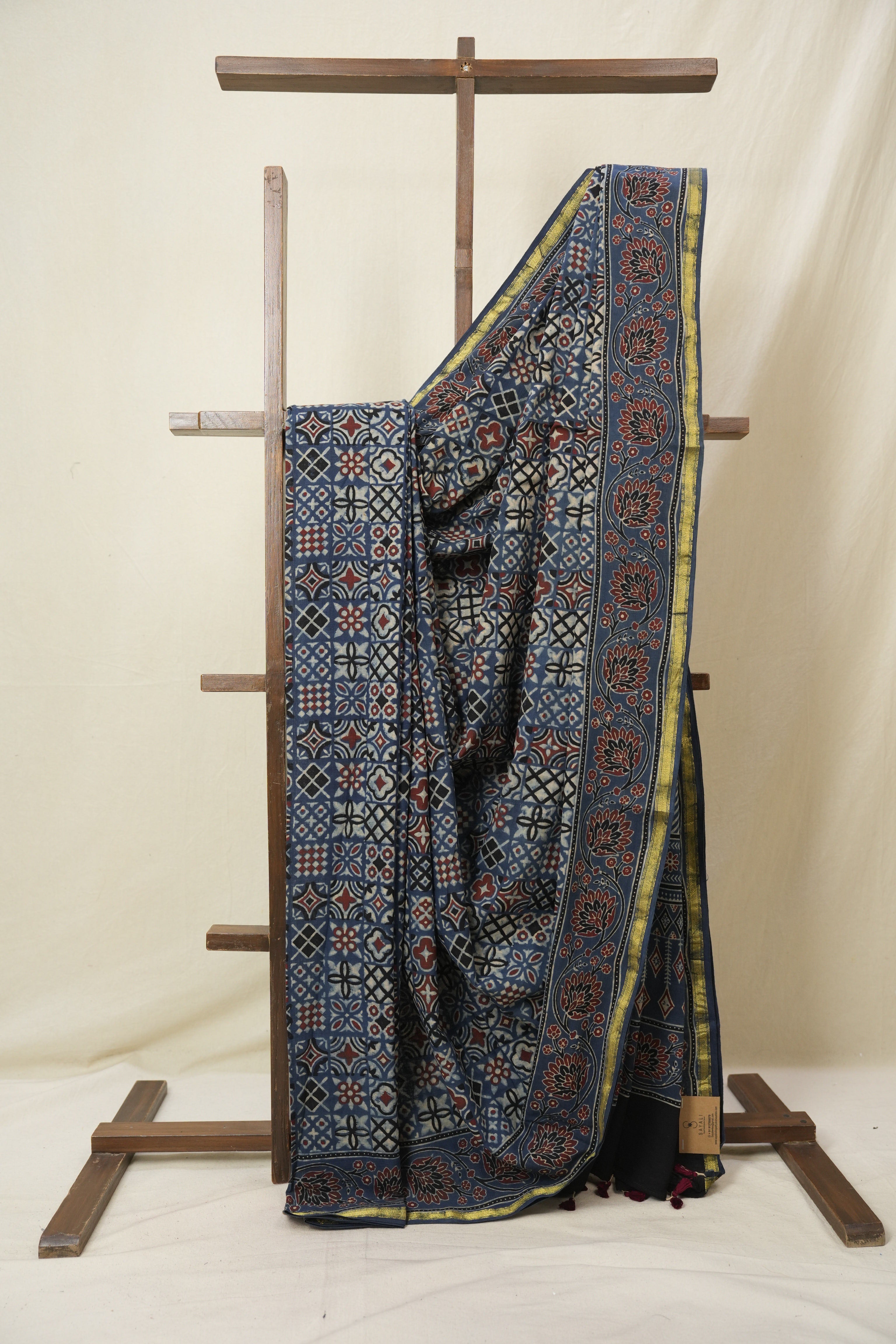 Blue HBP Cotton Ajrakh Saree - SRBCAS08