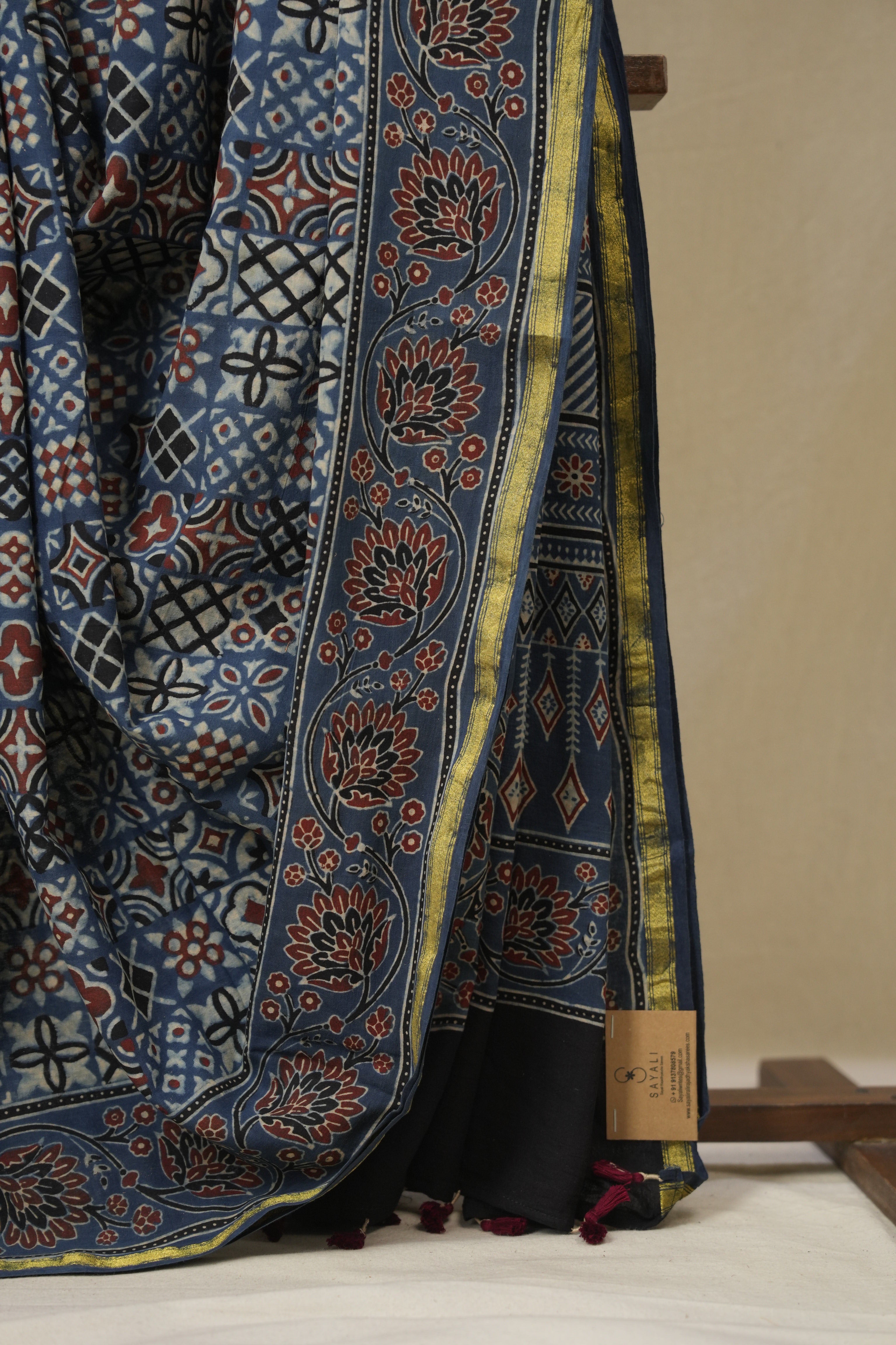 Blue HBP Cotton Ajrakh Saree - SRBCAS08