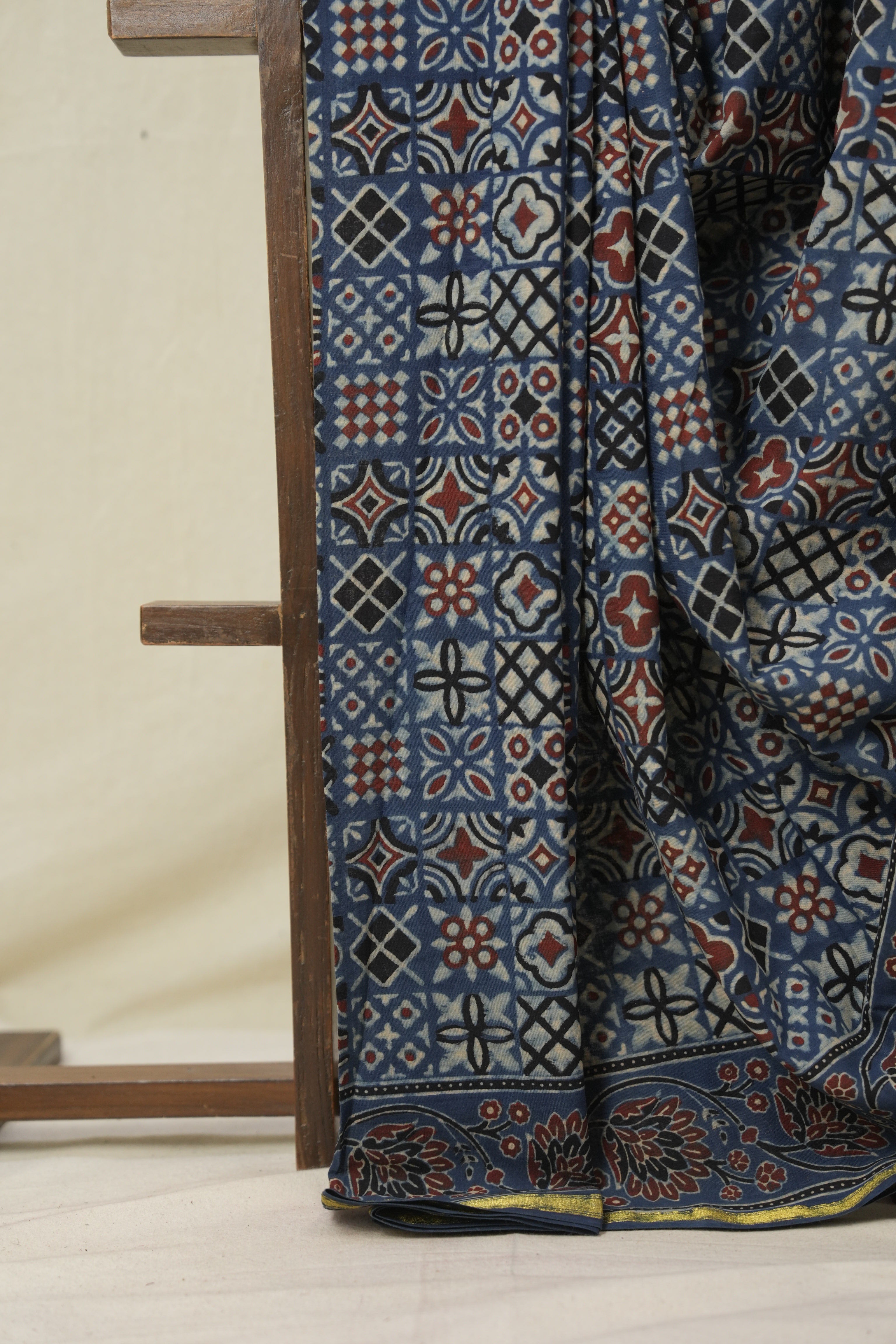 Blue HBP Cotton Ajrakh Saree - SRBCAS08