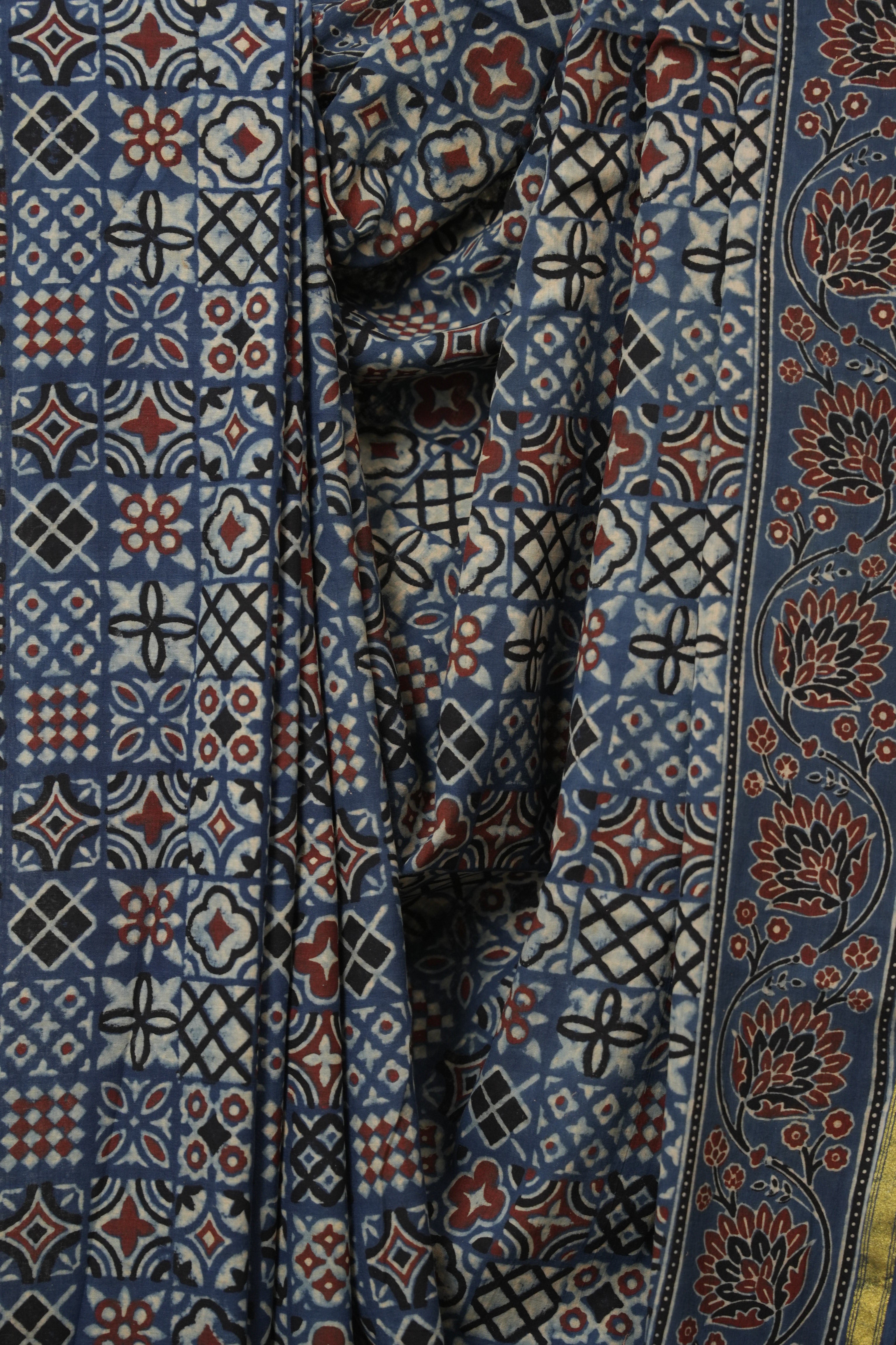Blue HBP Cotton Ajrakh Saree - SRBCAS08