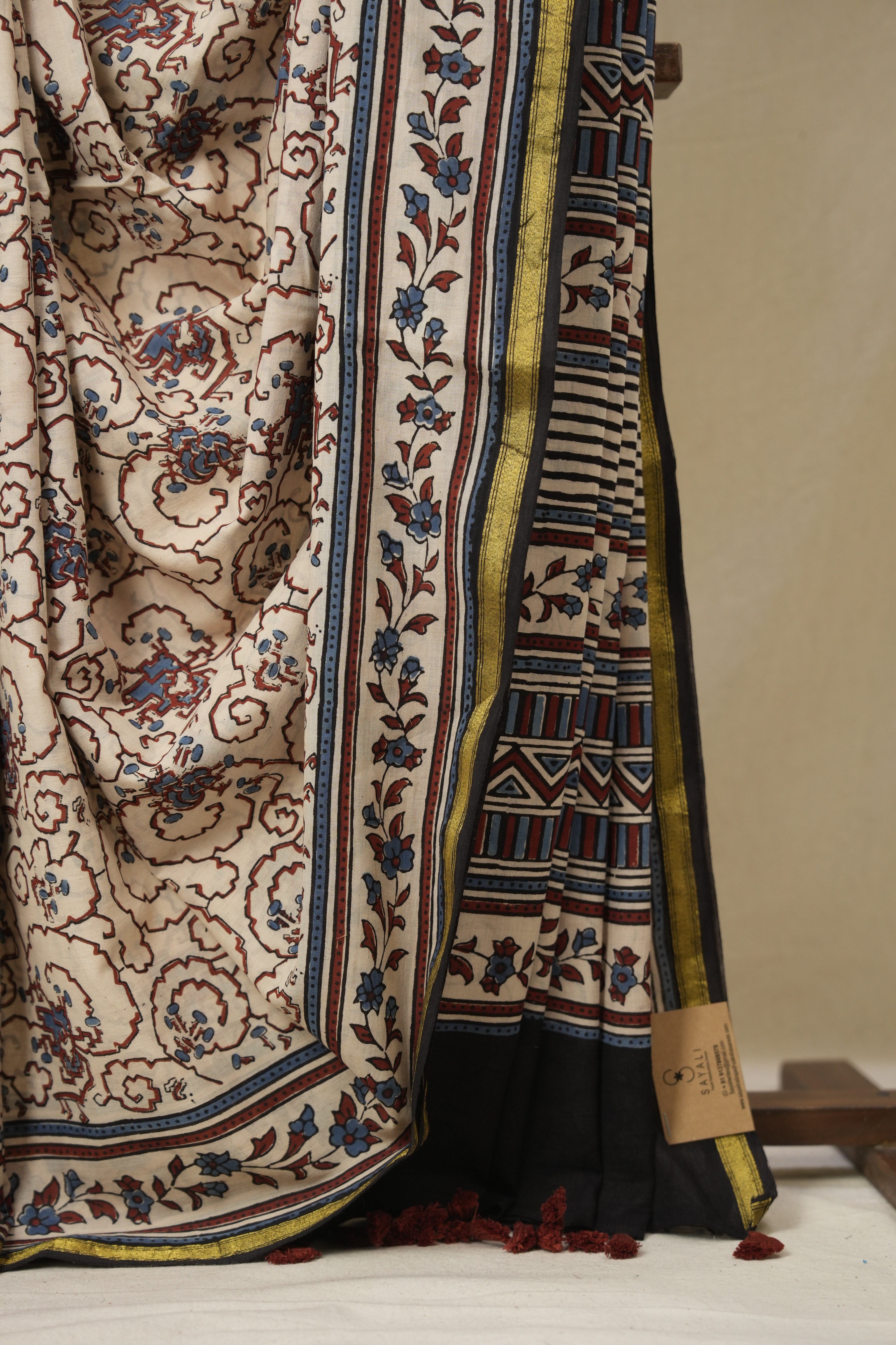Cream HBP Cotton Ajrakh Saree - SRCCAS04