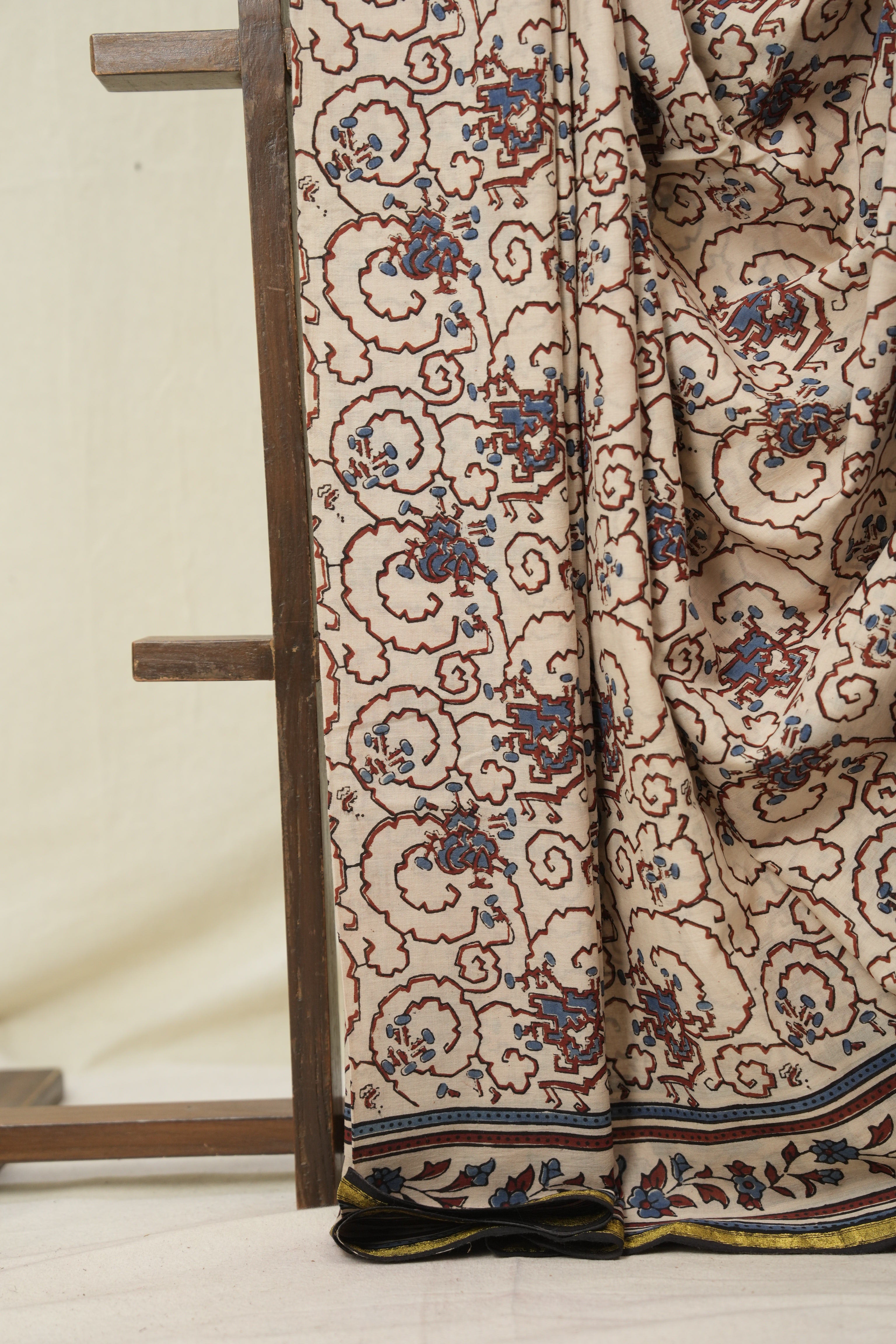 Cream HBP Cotton Ajrakh Saree - SRCCAS04