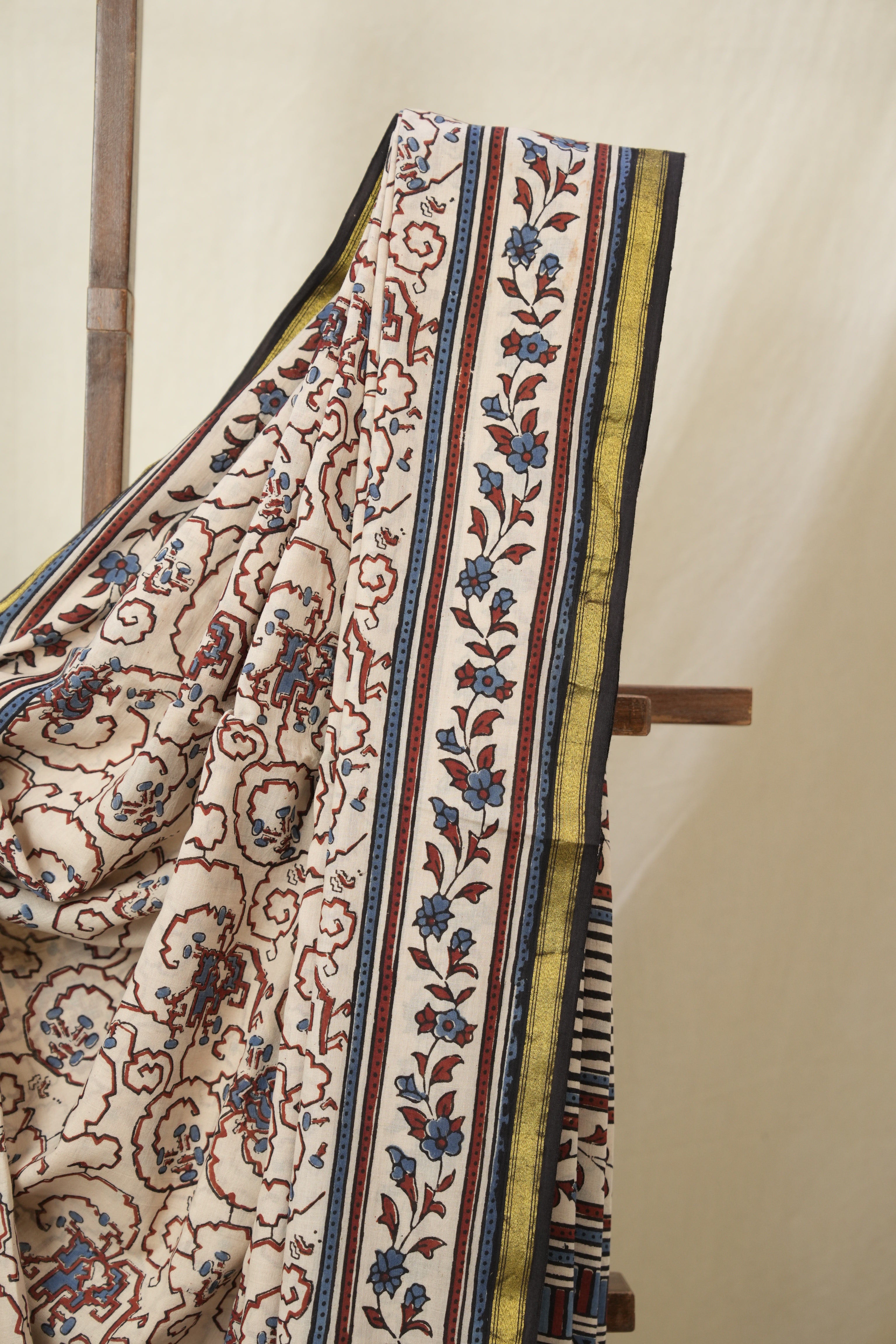 Cream HBP Cotton Ajrakh Saree - SRCCAS04