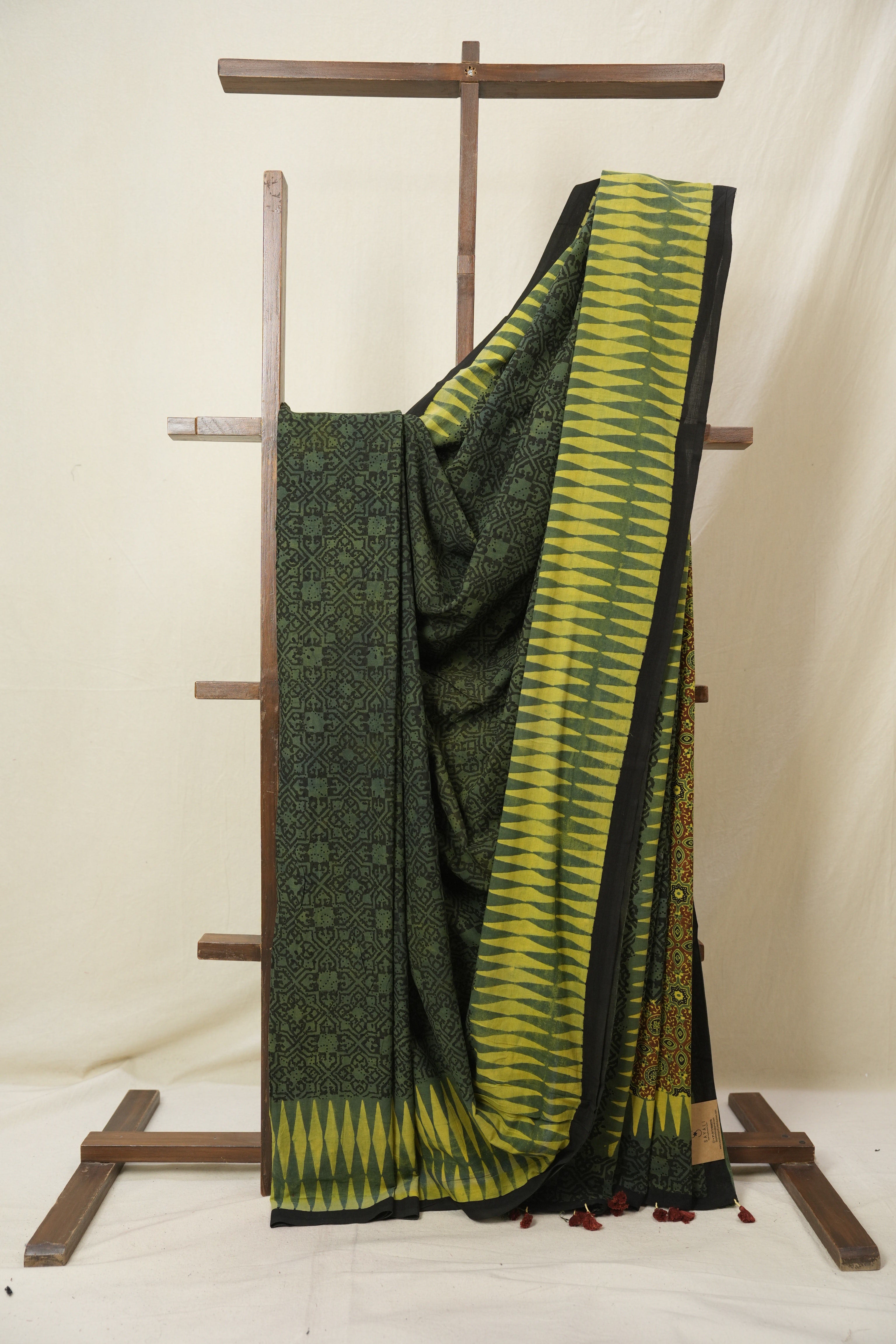 Green Black HBP Cotton Ajrakh Saree - SRGBCAS03