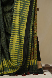 Green Black HBP Cotton Ajrakh Saree - SRGBCAS03