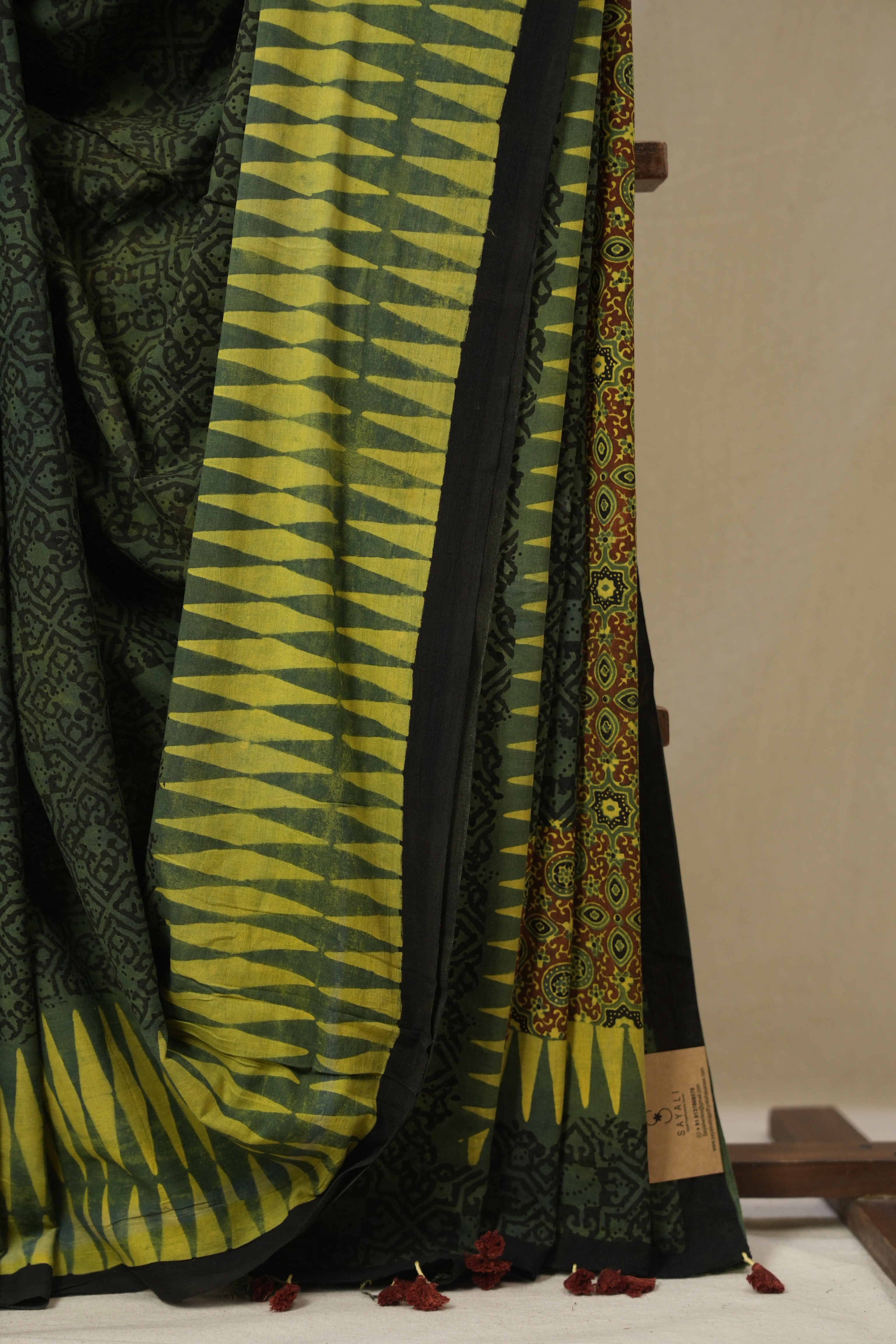 Green Black HBP Cotton Ajrakh Saree - SRGBCAS03