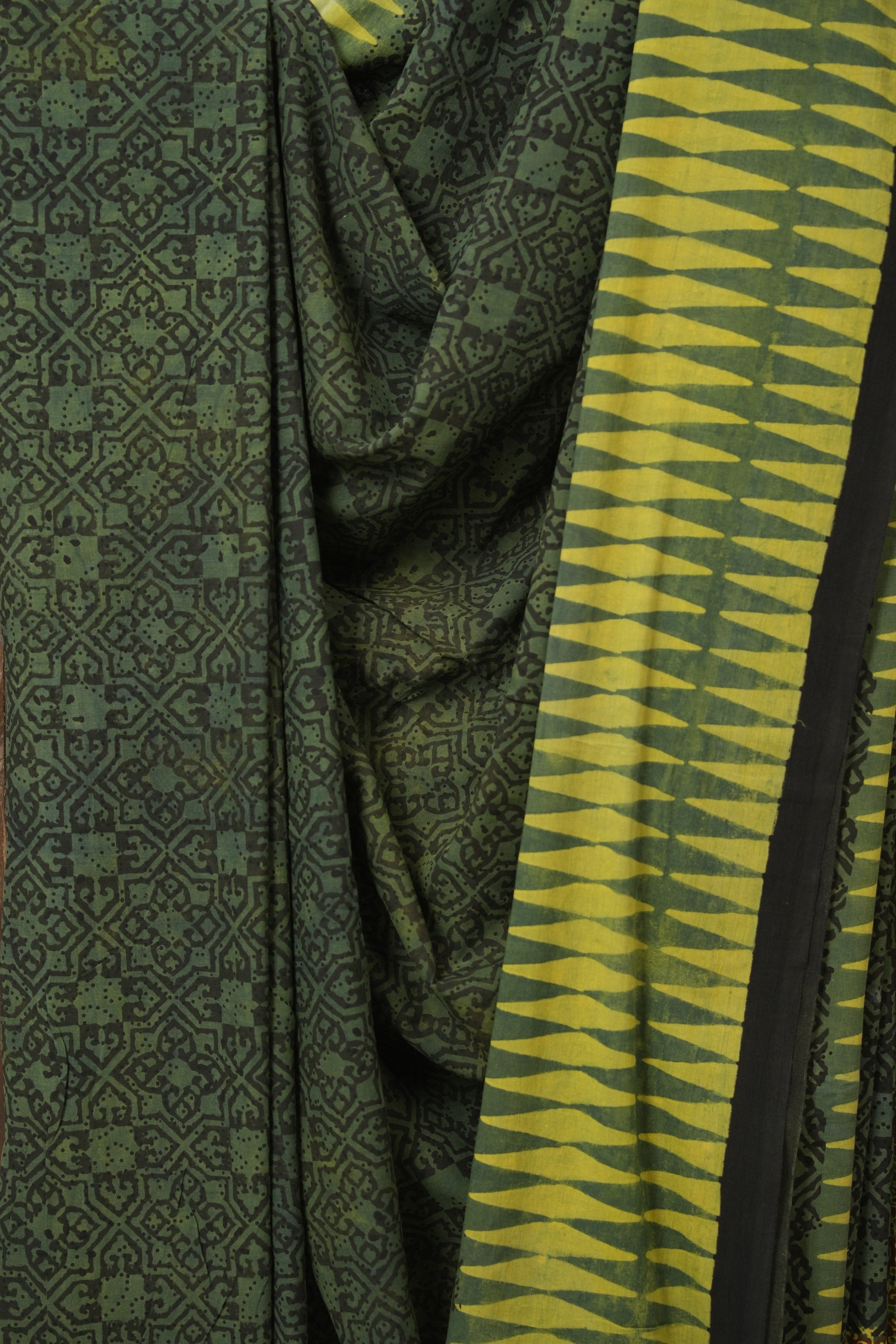 Green Black HBP Cotton Ajrakh Saree - SRGBCAS03