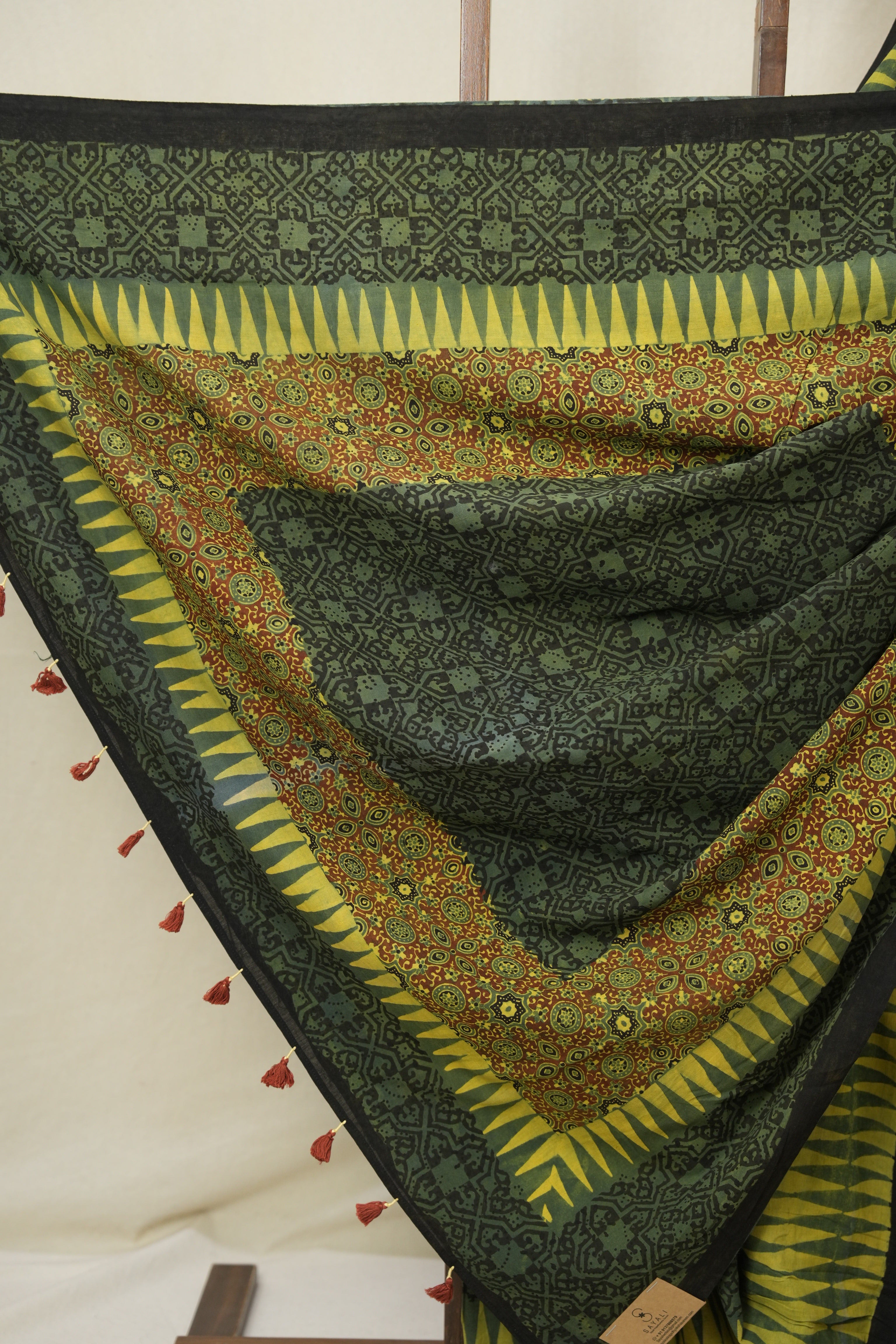 Green Black HBP Cotton Ajrakh Saree - SRGBCAS03