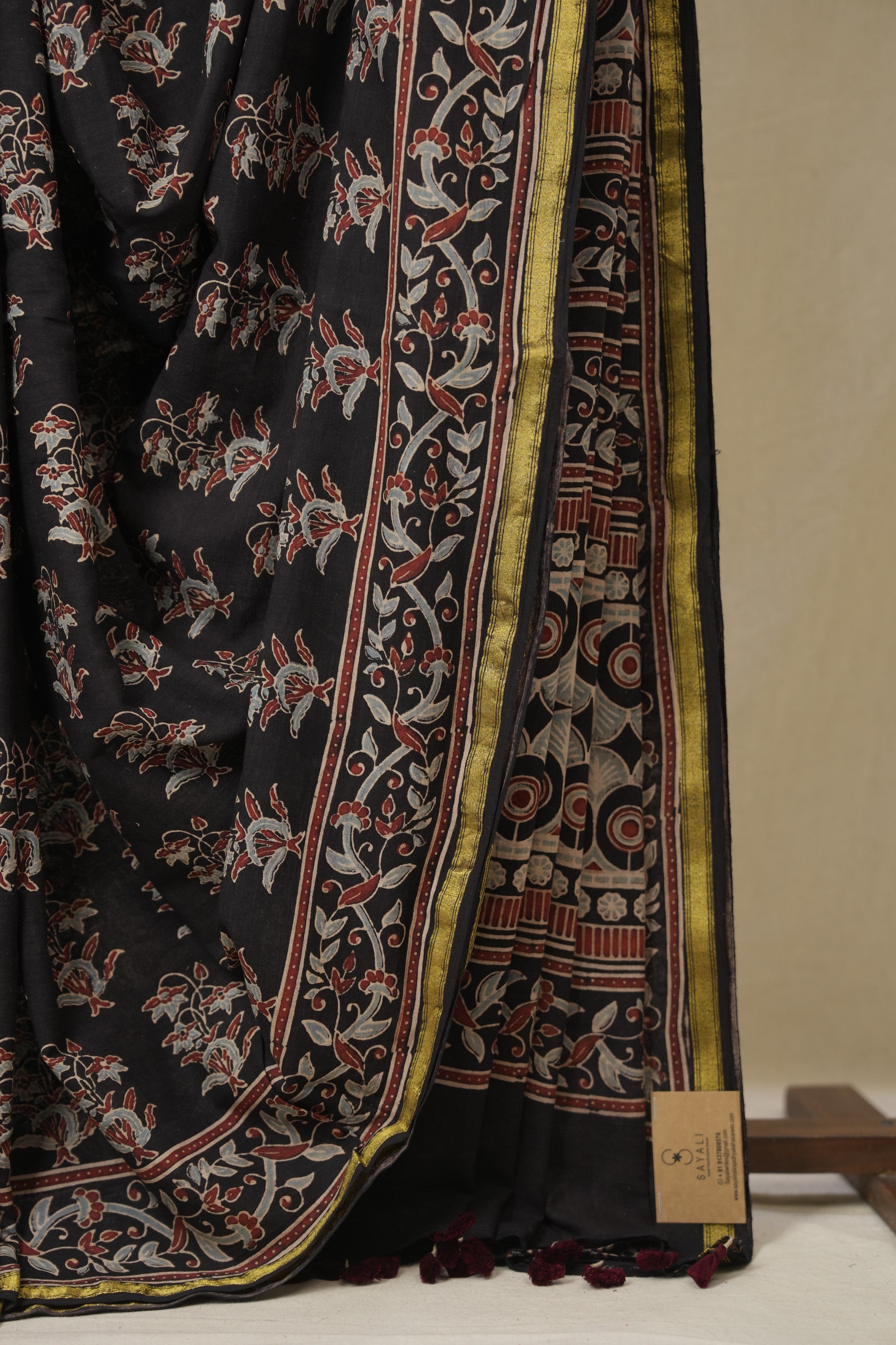 Black HBP Cotton Ajrakh Saree - SRBCAS02