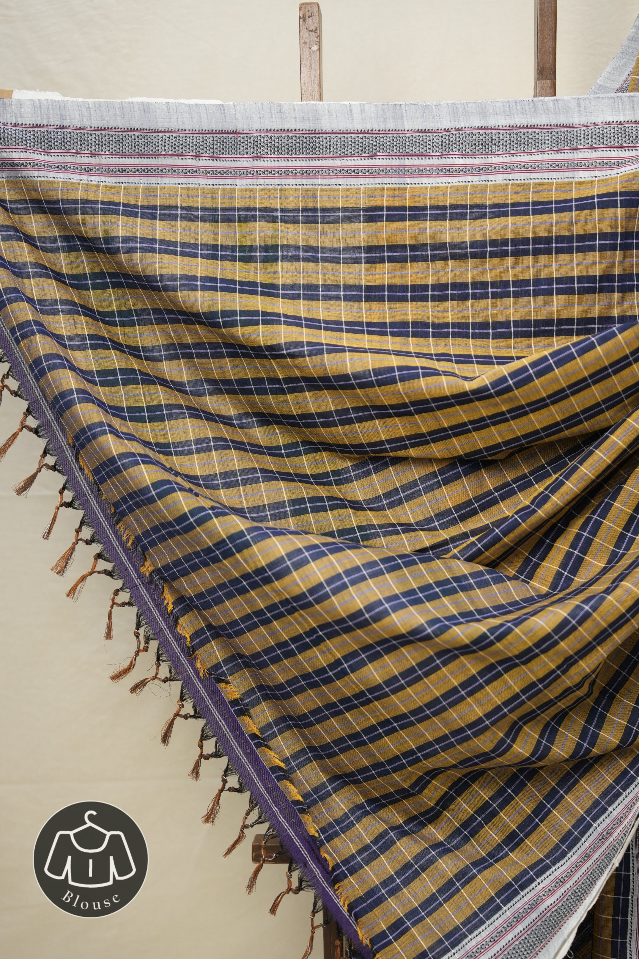 Blue Yellow Checks Cotton Ilkal Saree with Chikki Border - SRBYCCIS636