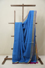 Blue Plain Linen Saree With Pink Tassels - SRBPLS471