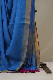 Blue Plain Linen Saree With Pink Tassels - SRBPLS471