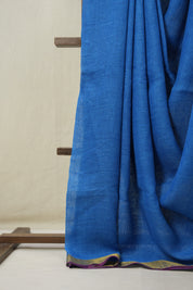 Blue Plain Linen Saree With Pink Tassels - SRBPLS471