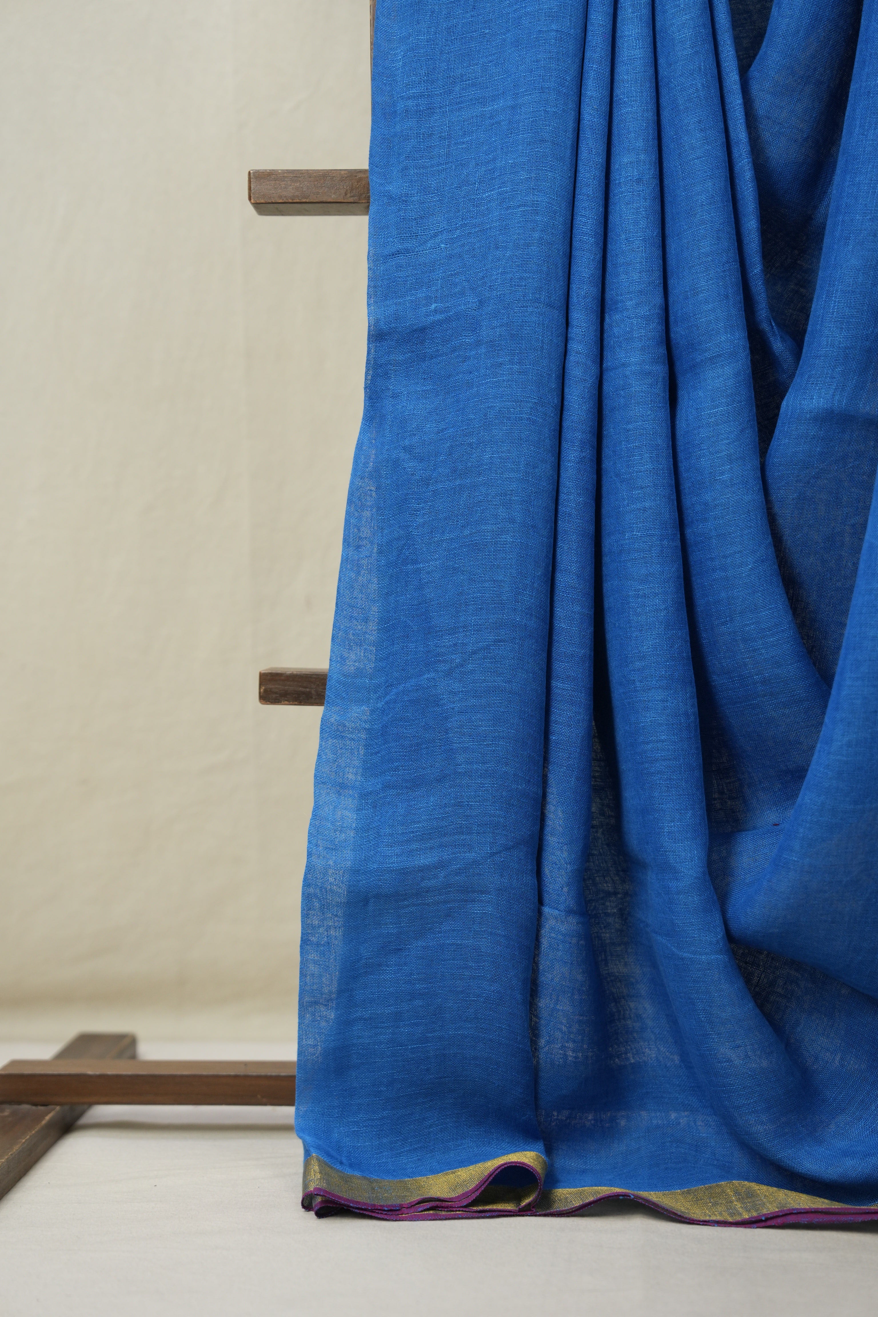 Blue Plain Linen Saree With Pink Tassels - SRBPLS471