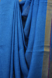 Blue Plain Linen Saree With Pink Tassels - SRBPLS471