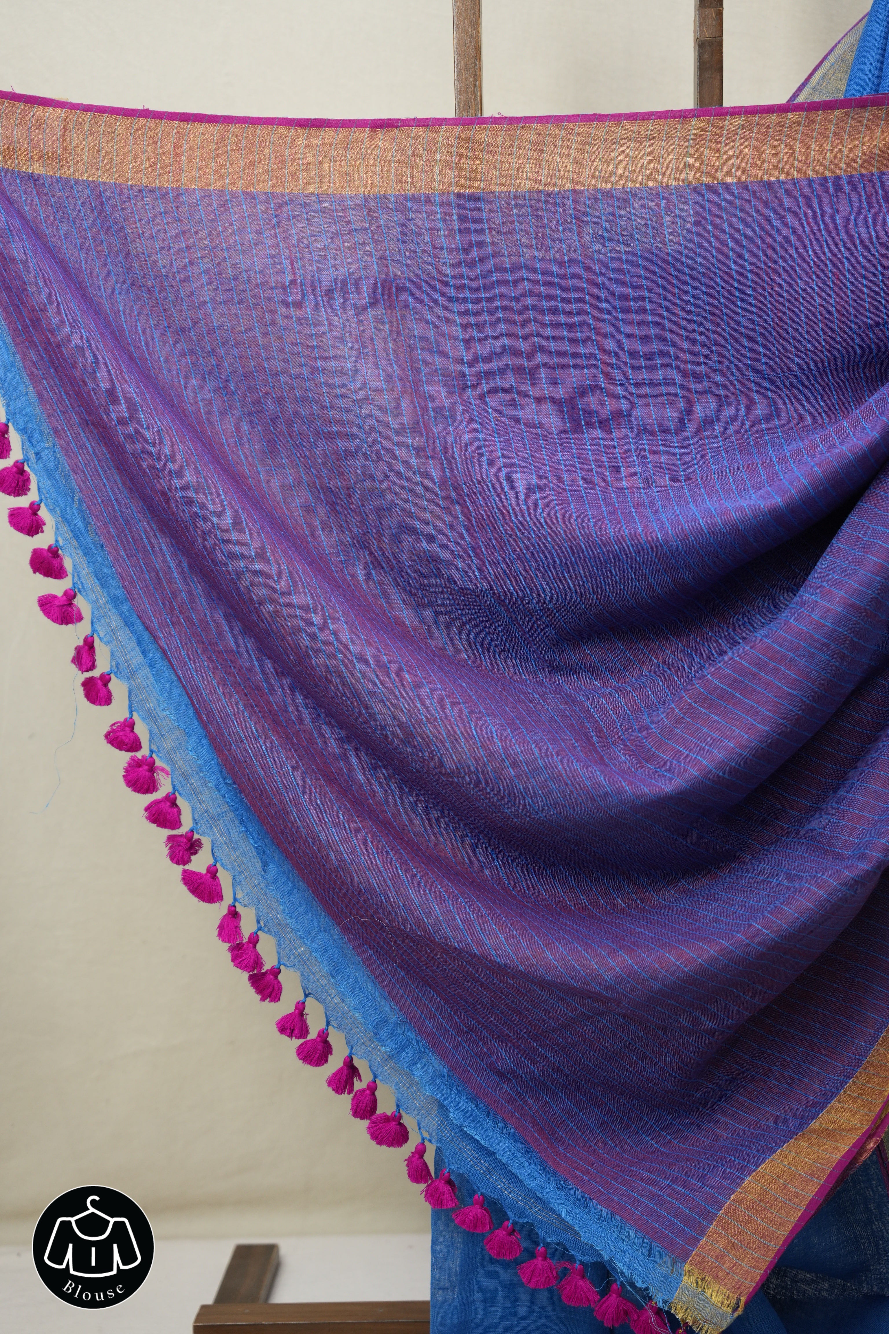 Blue Plain Linen Saree With Pink Tassels - SRBPLS471