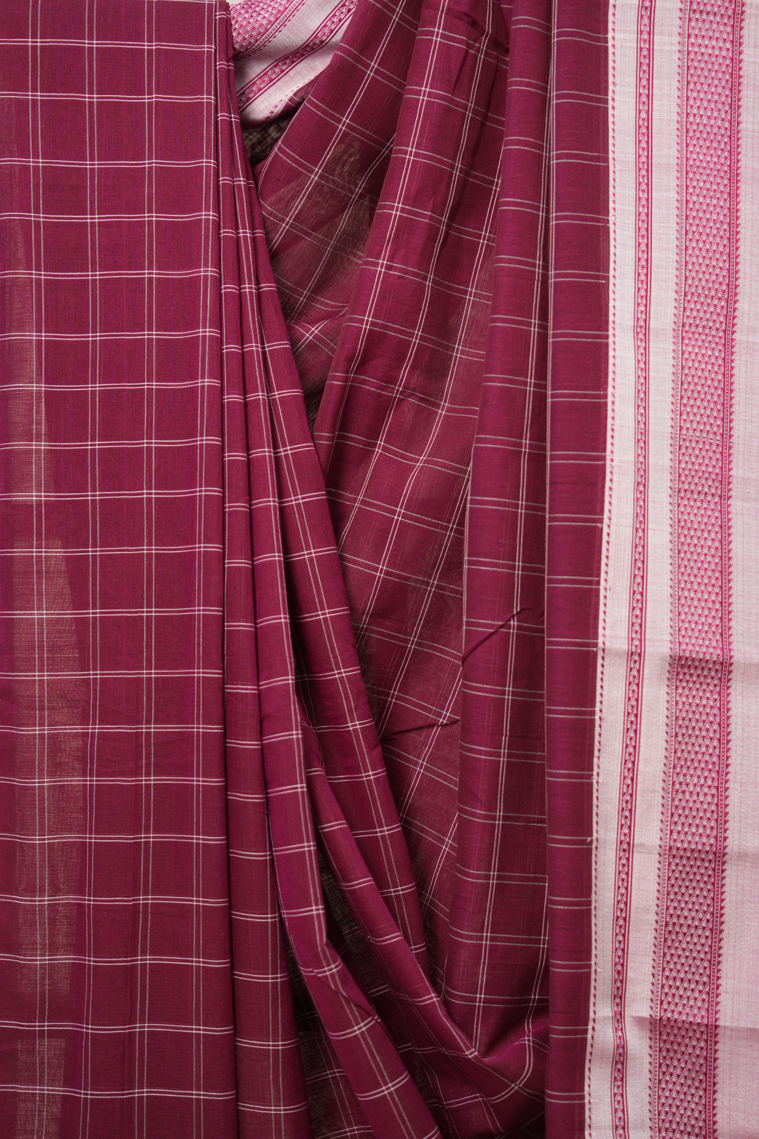 Maroon Checks Cotton Ilkal Saree with Chikki Border - SRMCCIS630