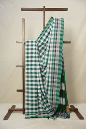 Green - White Checks Cotton Ilkal Saree with Chikki Border - SRGWCCIS628