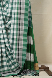 Green - White Checks Cotton Ilkal Saree with Chikki Border - SRGWCCIS628