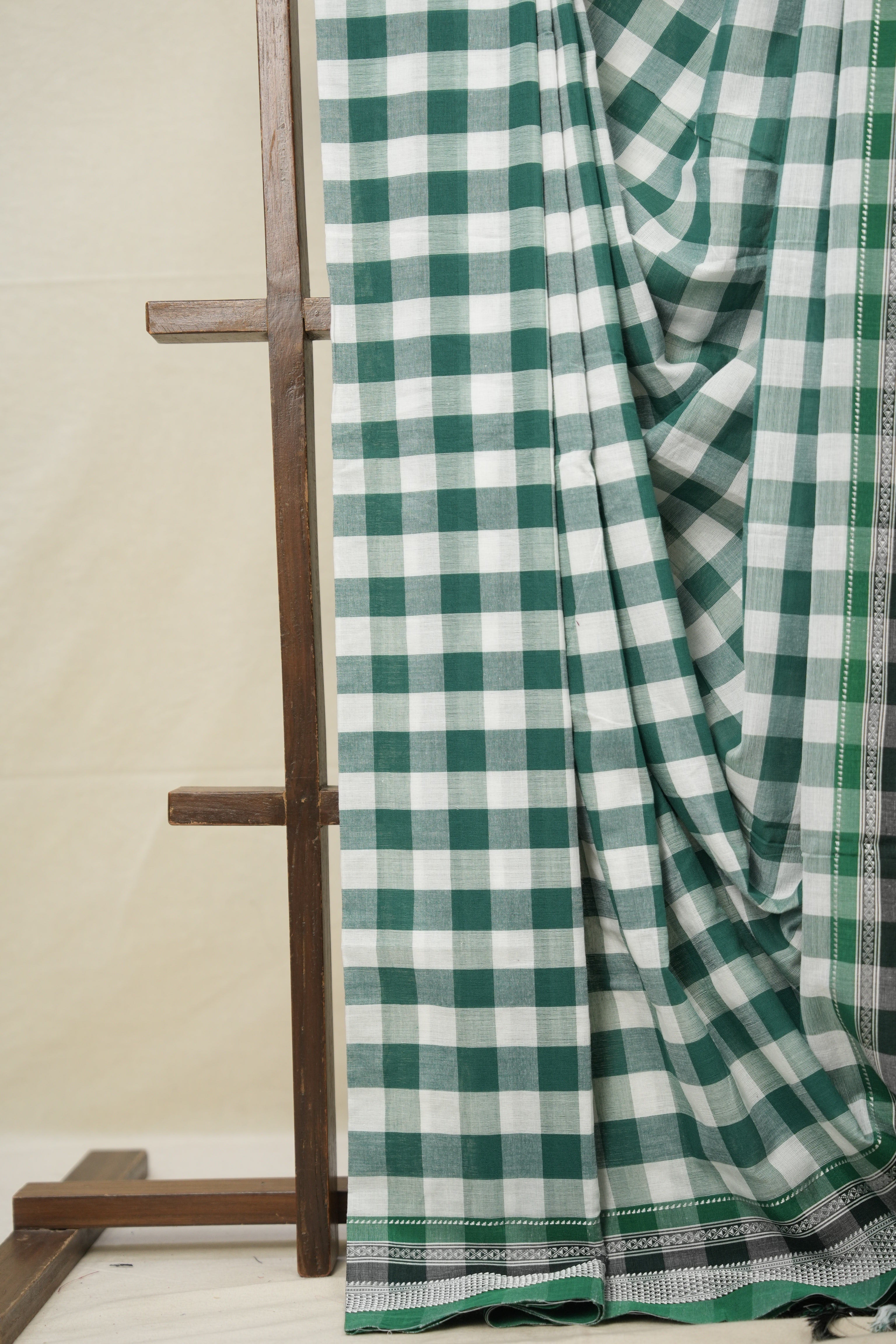 Green - White Checks Cotton Ilkal Saree with Chikki Border - SRGWCCIS628