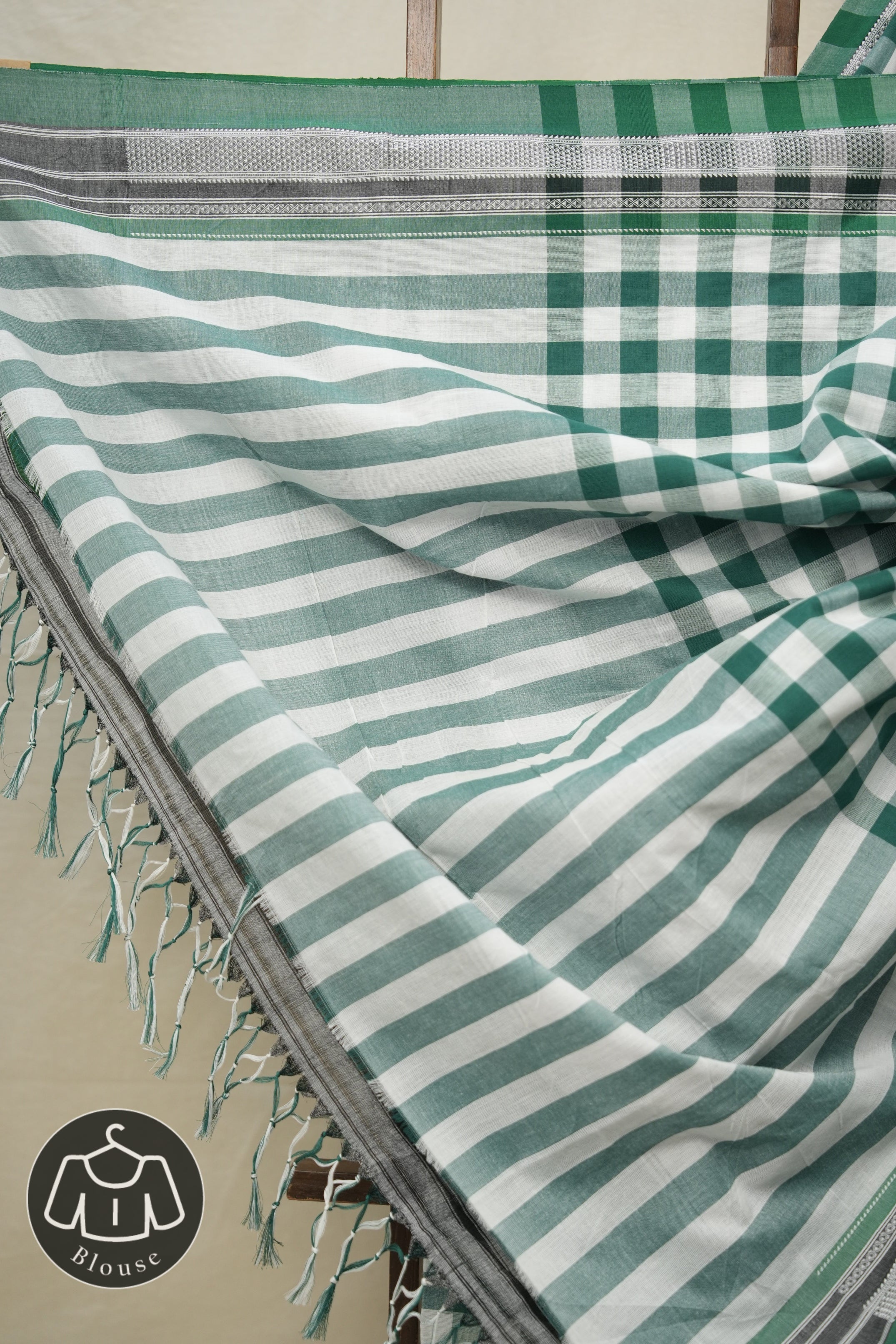Green - White Checks Cotton Ilkal Saree with Chikki Border - SRGWCCIS628