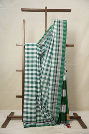 White Green Checks Cotton Ilkal Saree with Chikki Border - SRWGCCIS634