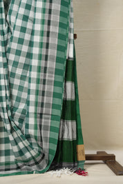 White Green Checks Cotton Ilkal Saree with Chikki Border - SRWGCCIS634