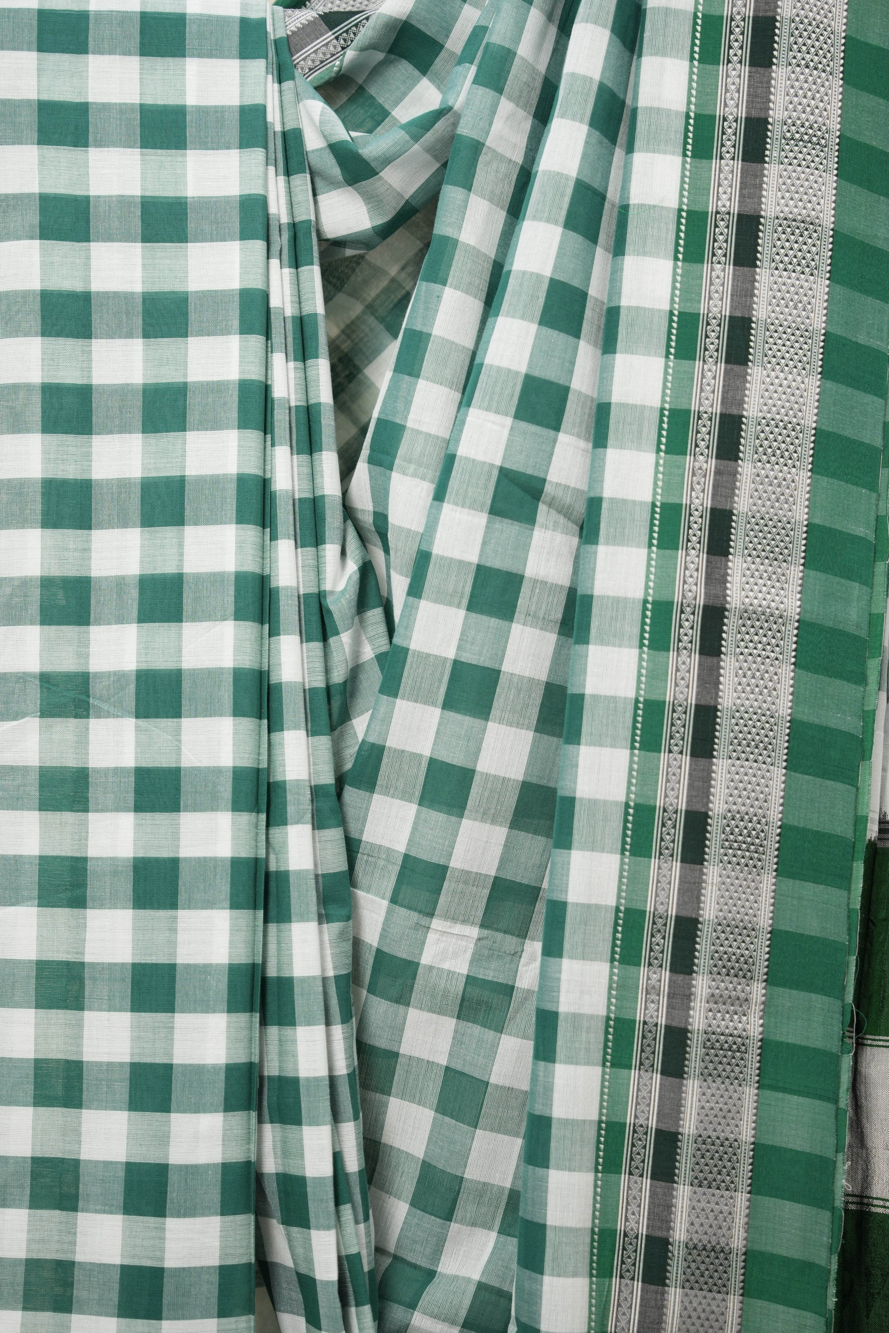 White Green Checks Cotton Ilkal Saree with Chikki Border - SRWGCCIS634