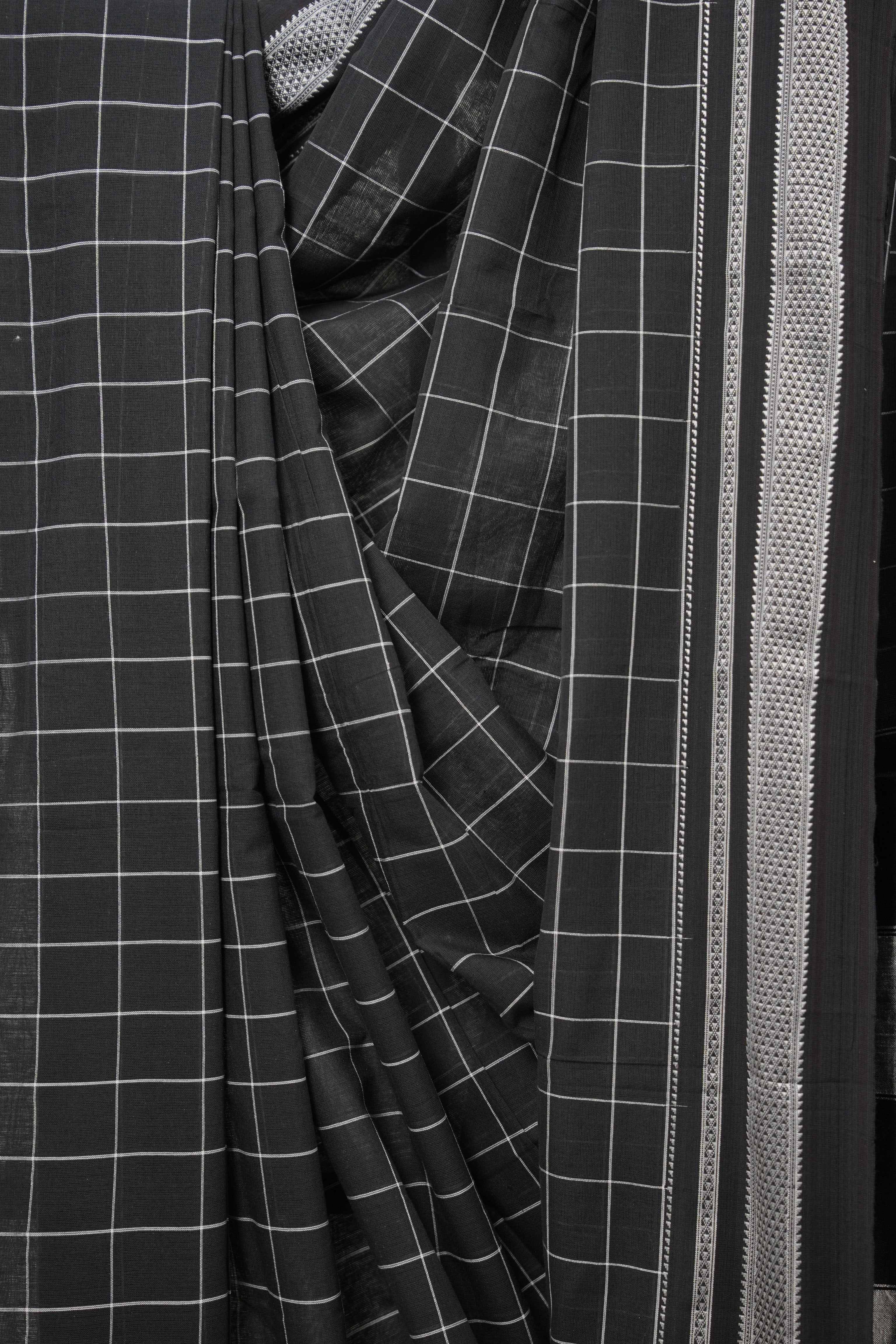 Black Checks Cotton Ilkal Saree with Chikki Border - SRBCCIS635