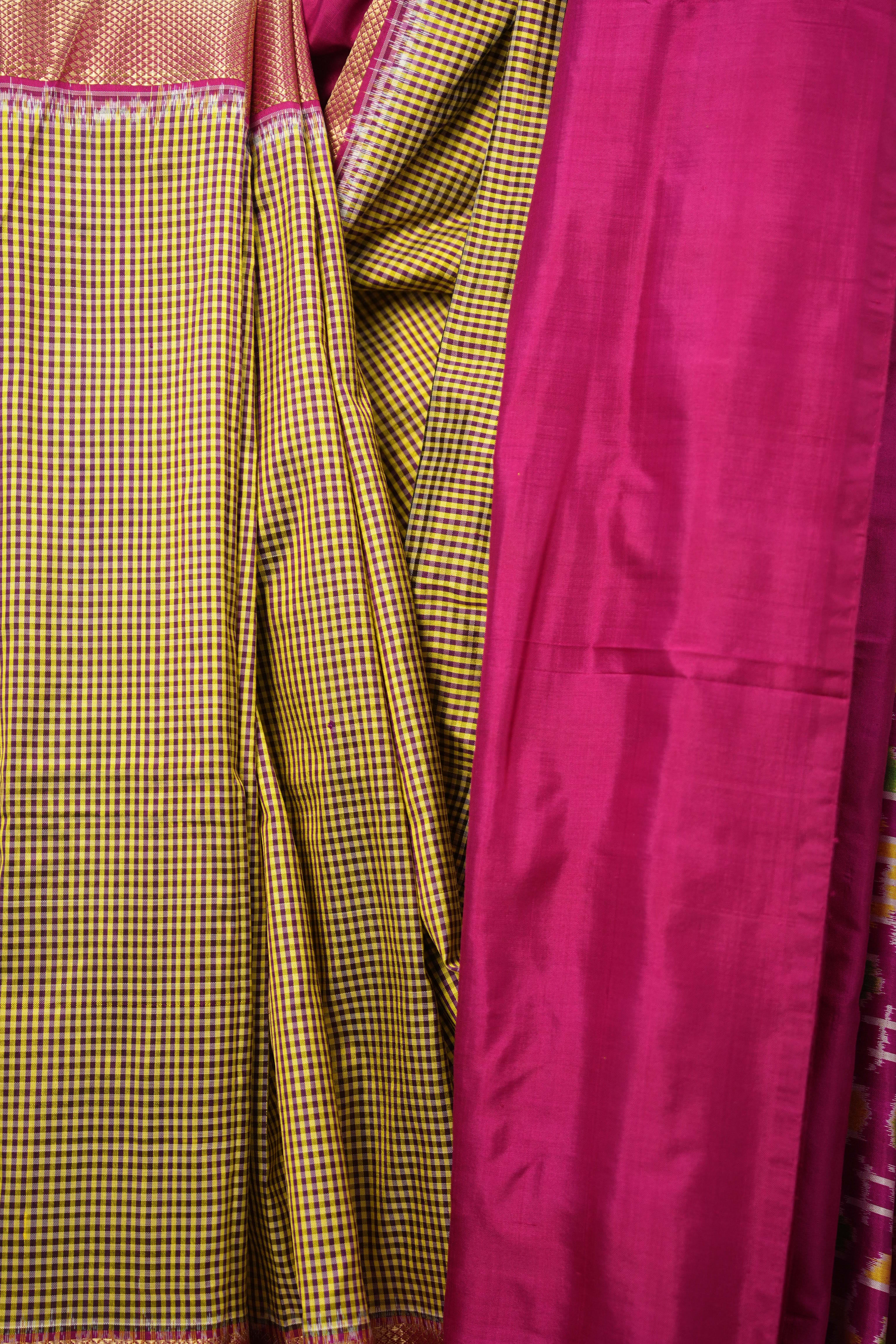Yellow Maroon Checks Pochampalli Silk Ikat Saree - SRYMCPSIS229