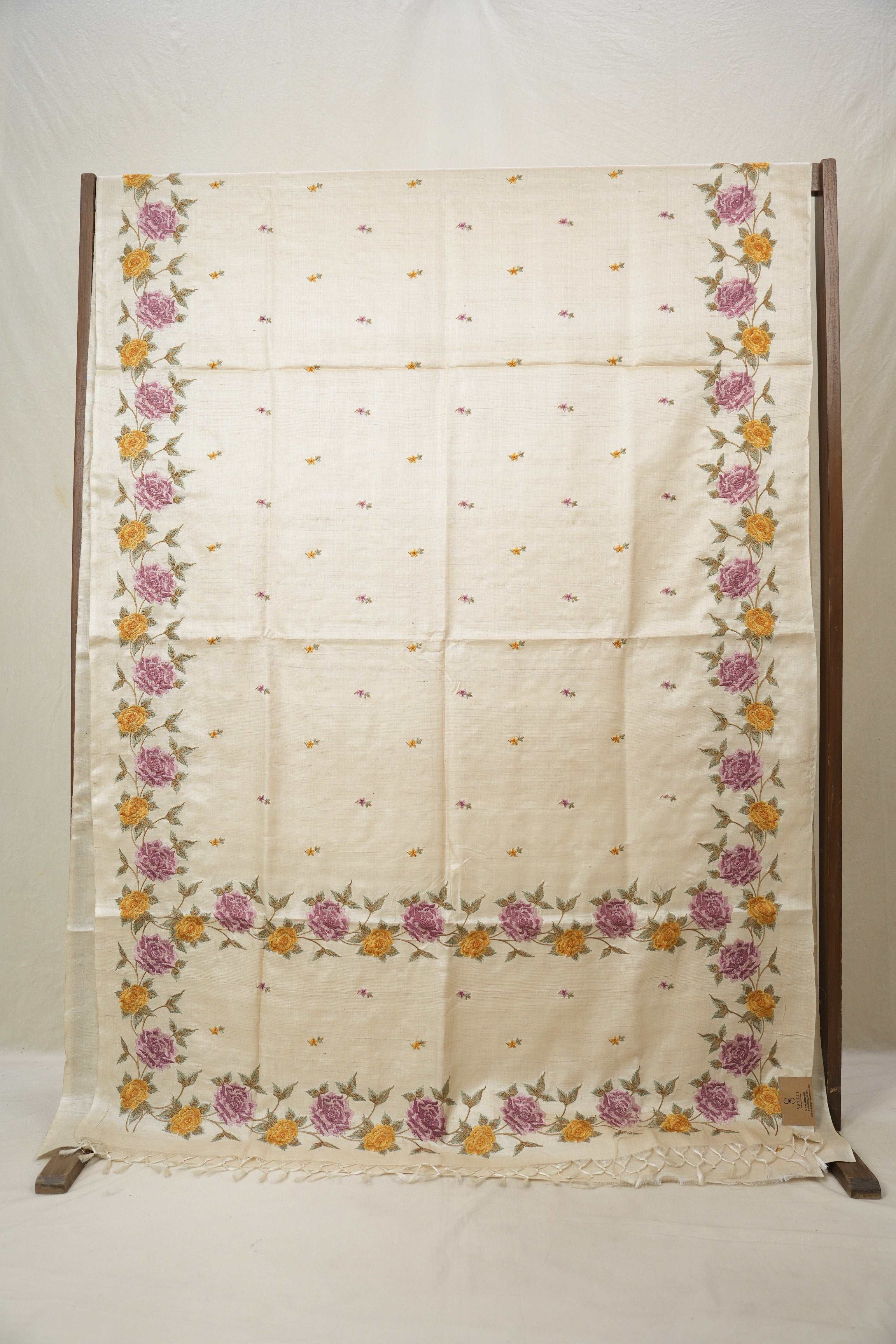 Beige Machine Embroidered Tussar Silk Saree - SRBMETSS1497