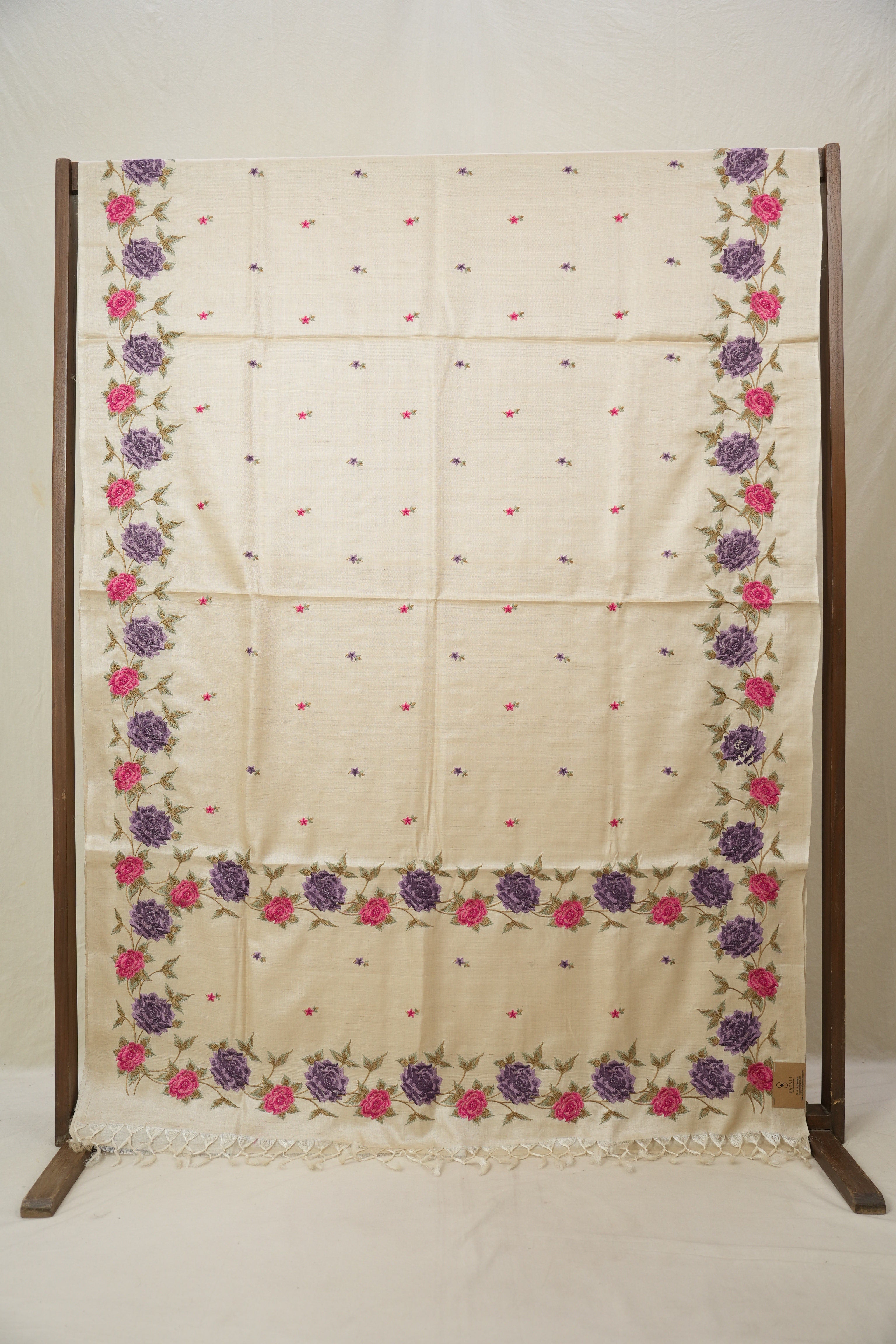Light Beige Machine Embroidered Tussar Silk Saree - SRLBMETSS1498