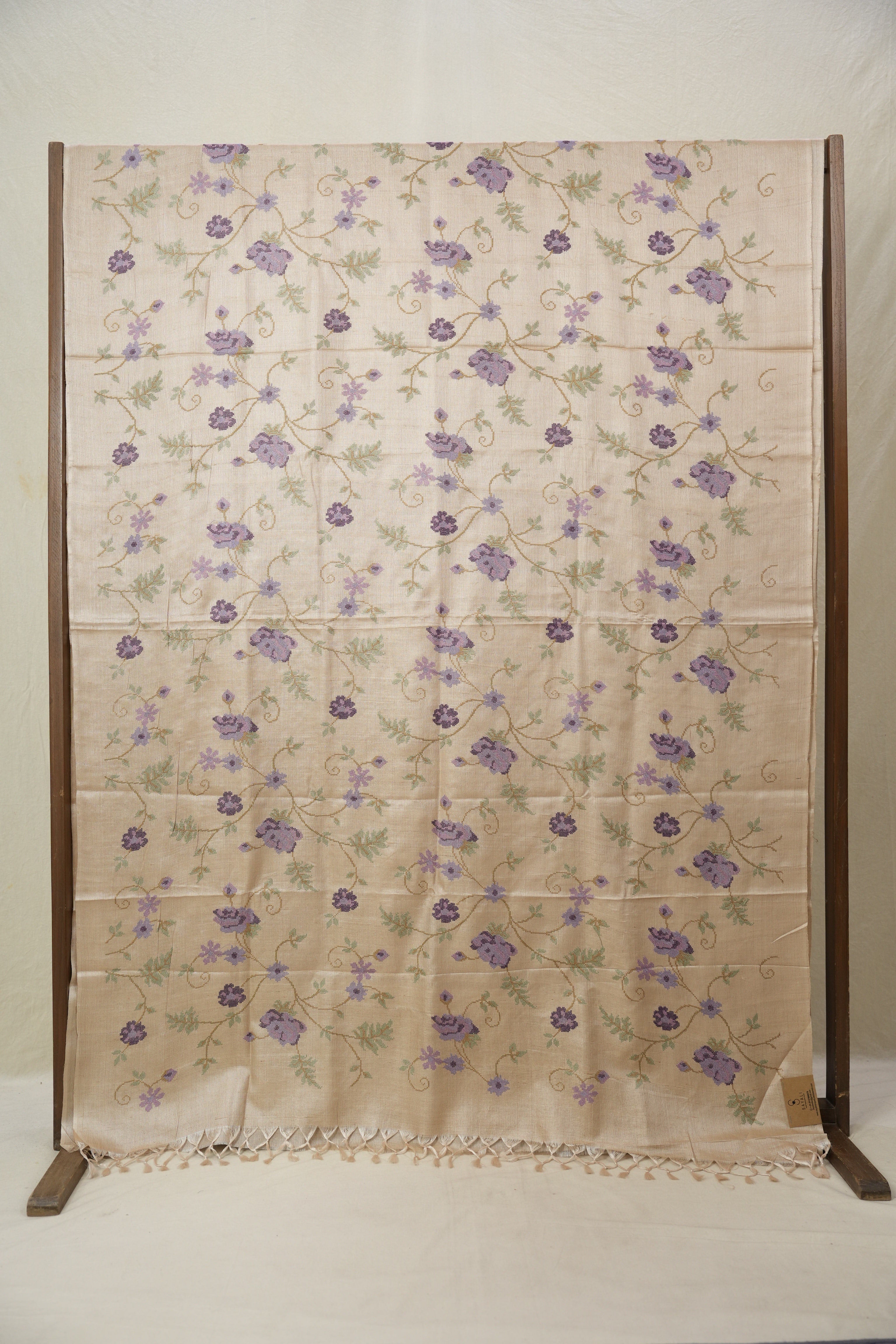 Dusty Cream Machine Embroidered Tussar Silk Saree - SRDCETSS1487