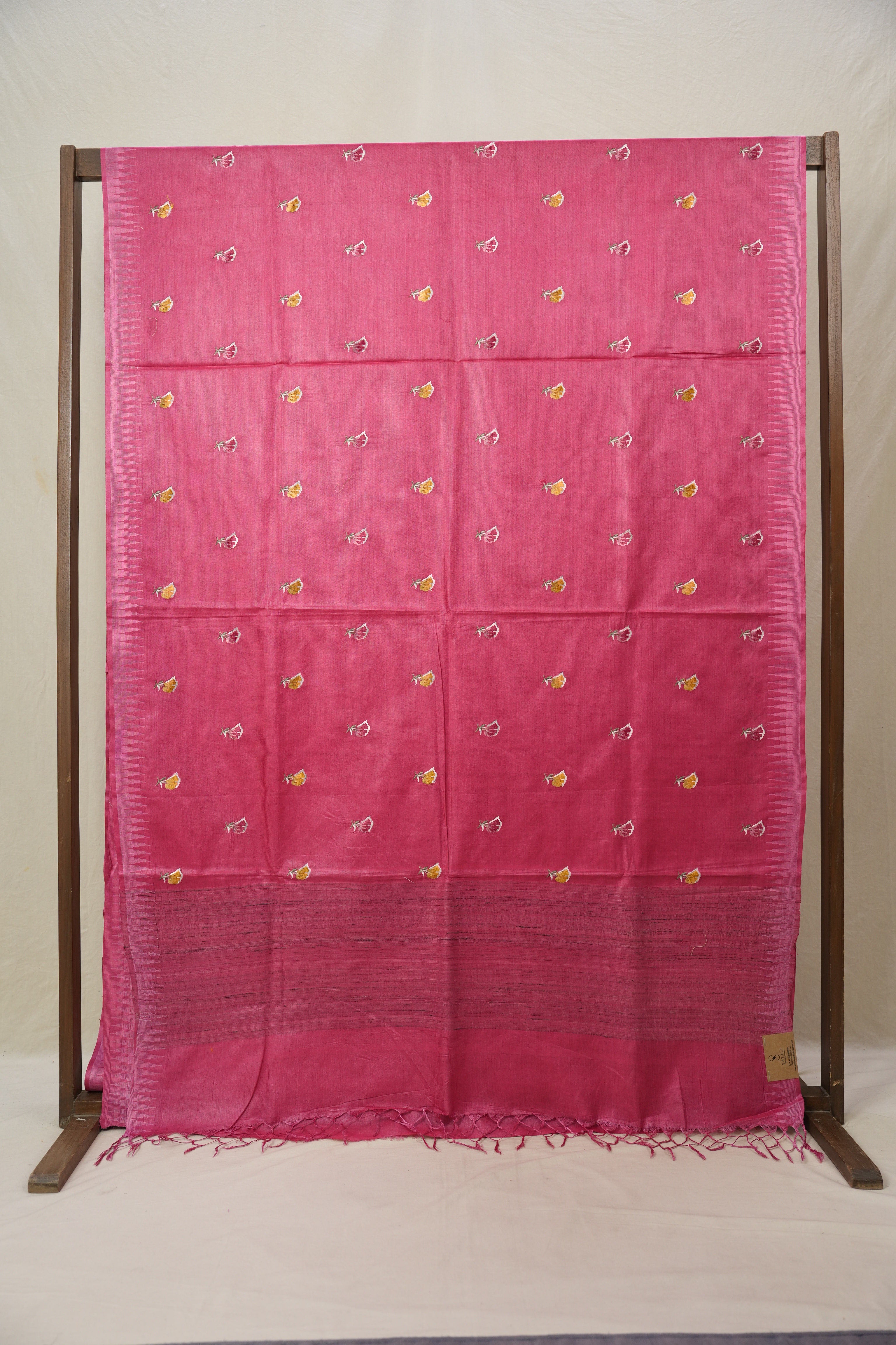 Rani Pink Machine Embroidered Tussar Silk Saree - SRRPMETSS1519
