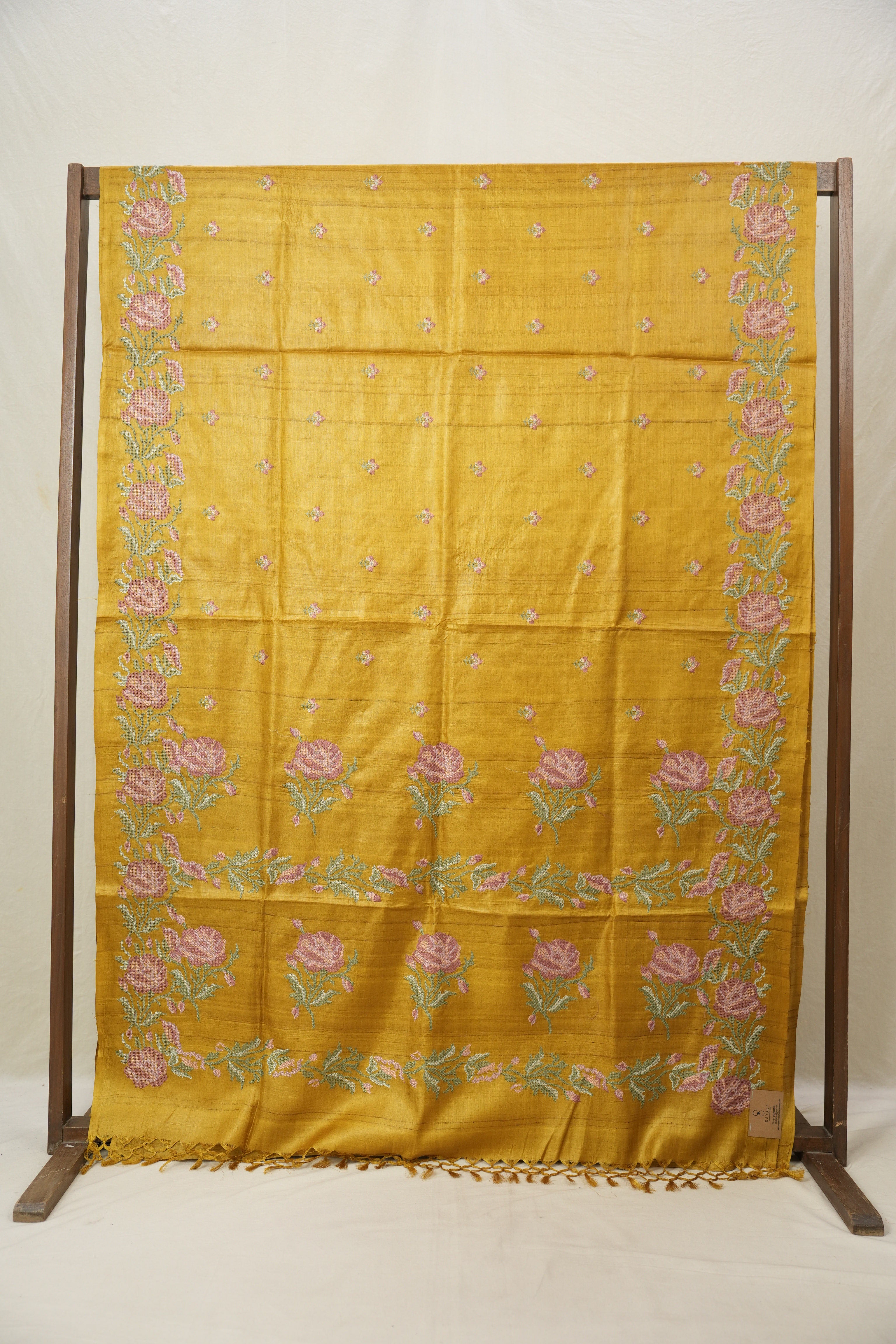 Yellow Gold Machine Embroidered Tussar Silk Saree - SRYGETSS1493