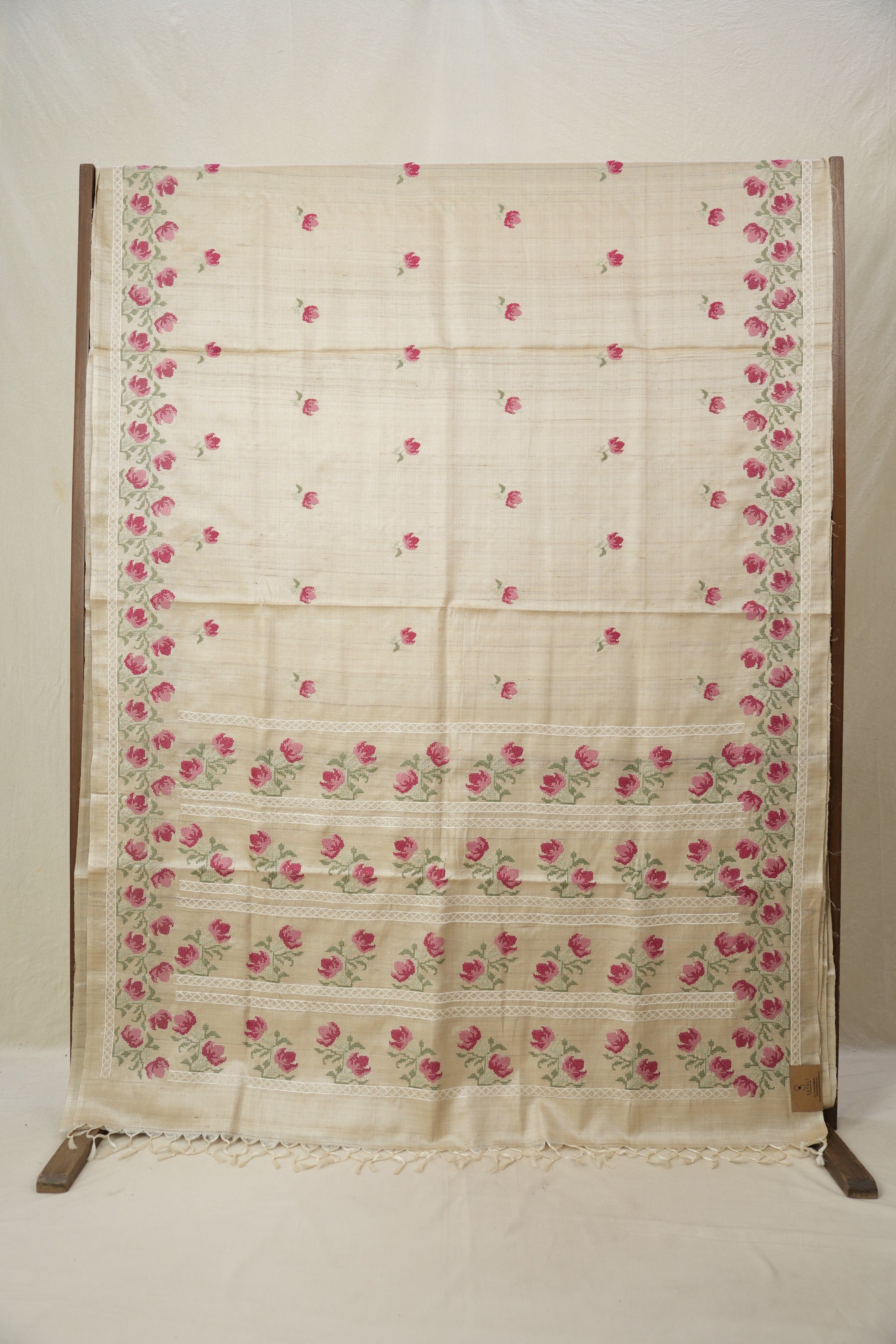 Cream Machine Embroidered Tussar Silk Saree - SRCMETSS1478