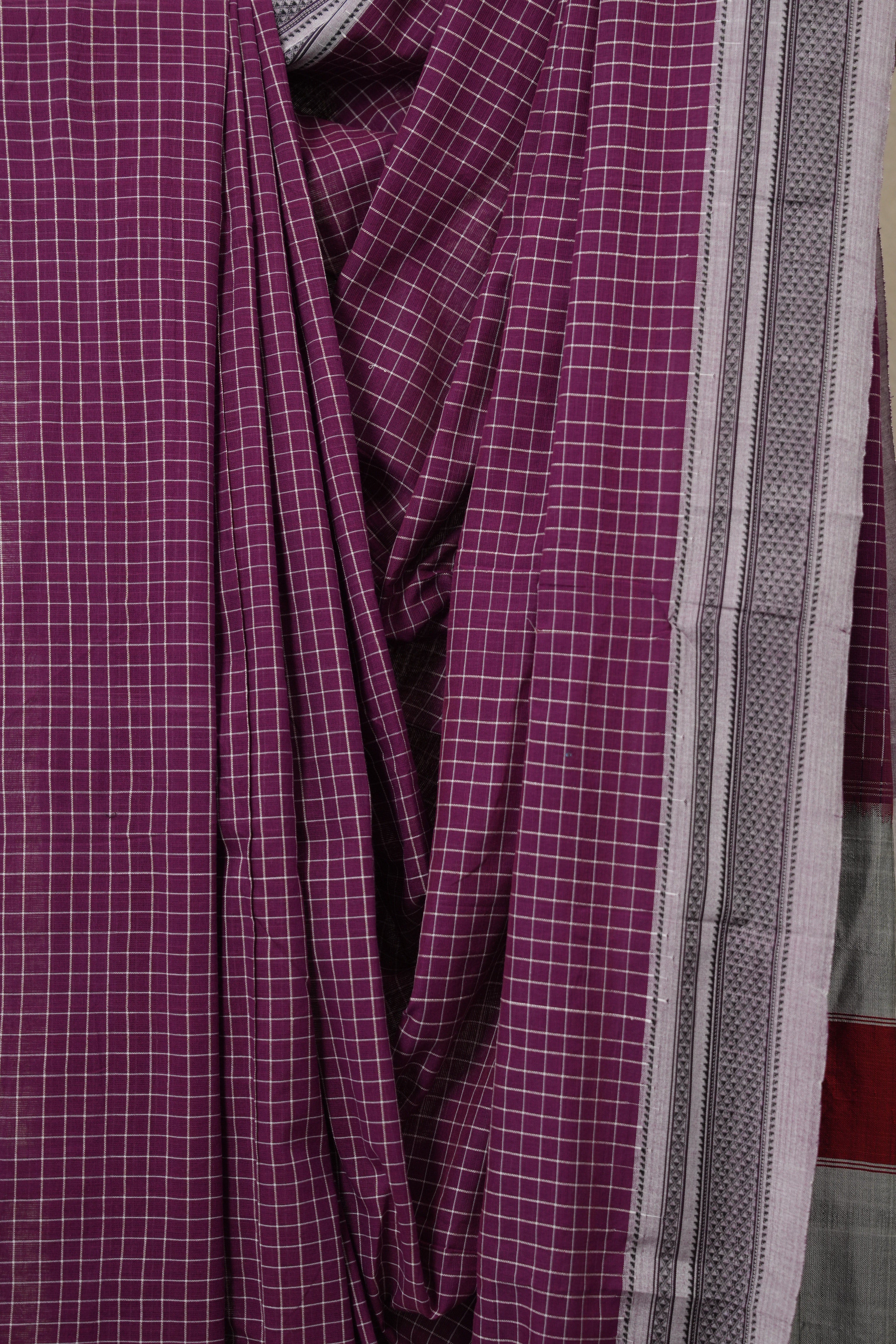 Magenta Checks Cotton Ilkal Saree With Chikki Border - SRMCIS867
