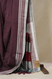 Maroon Checks Cotton Ilkal Saree With Chikki Border - SRMCIS869