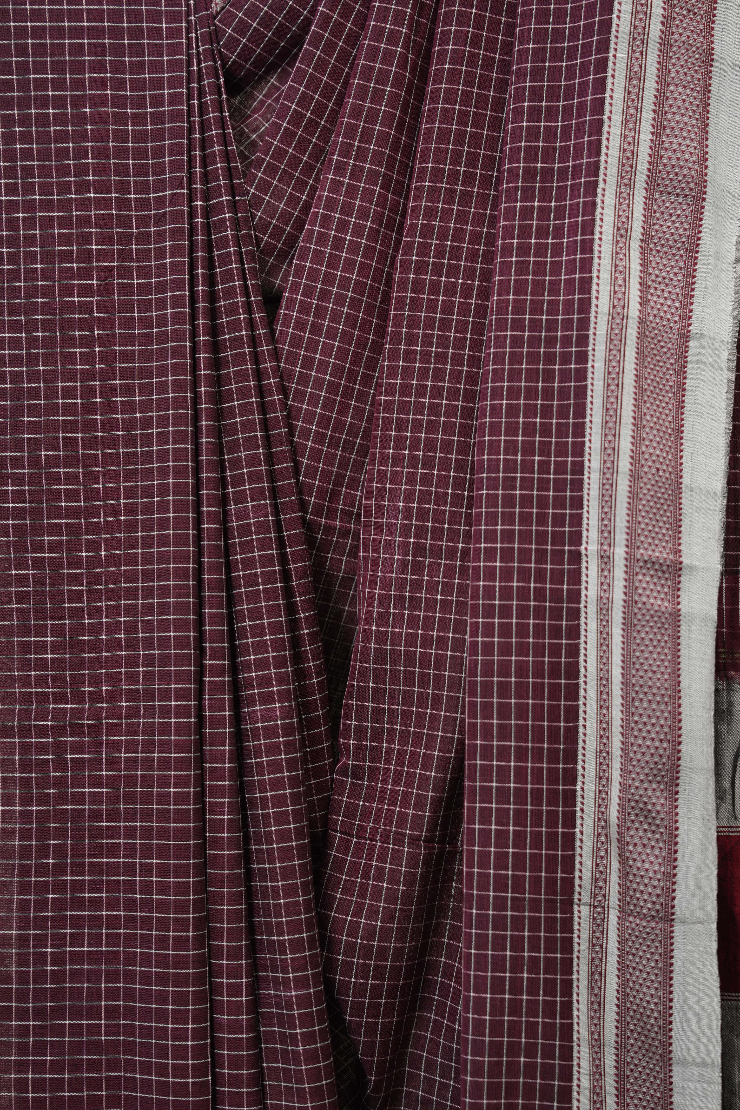 Maroon Checks Cotton Ilkal Saree With Chikki Border - SRMCIS869