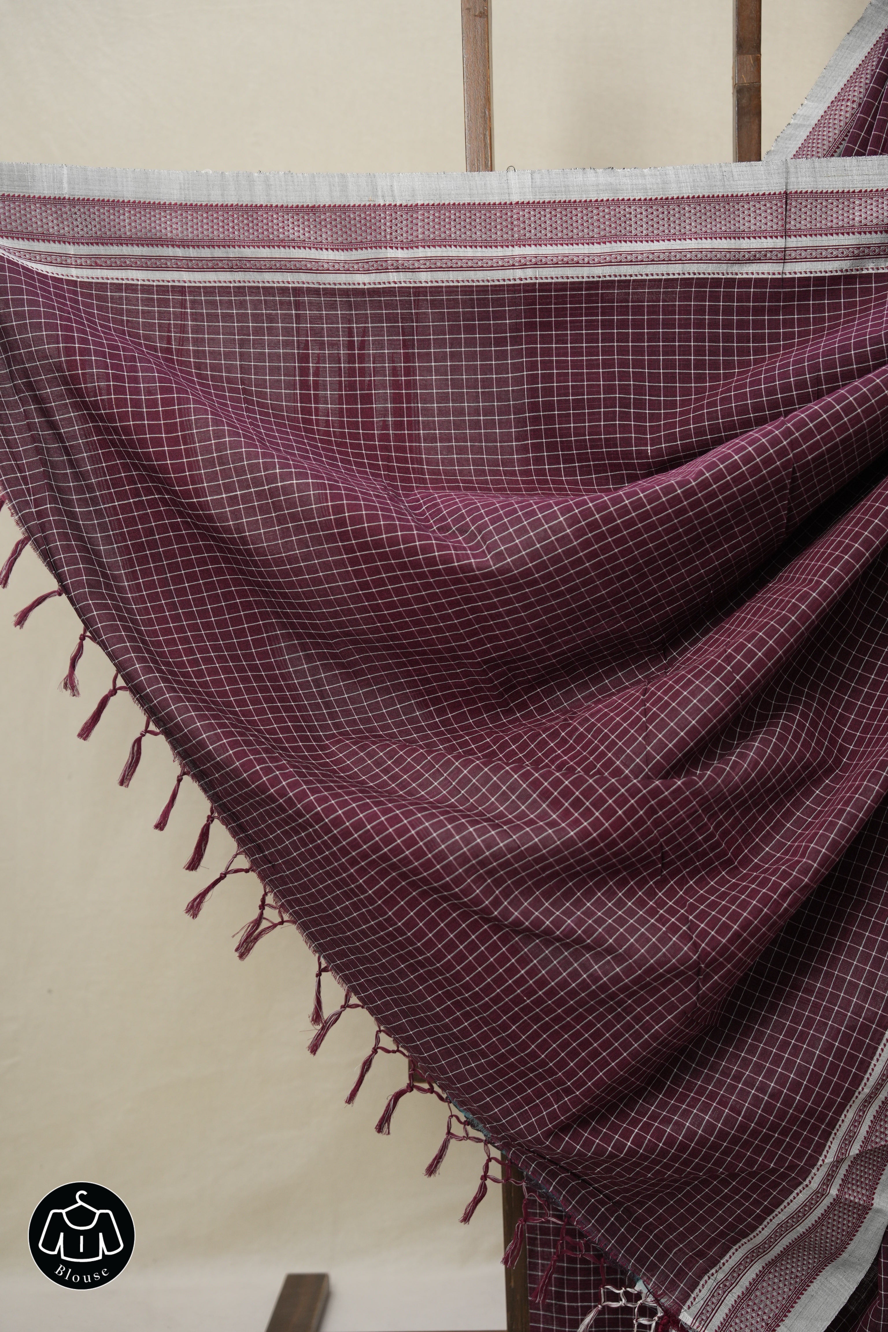 Maroon Checks Cotton Ilkal Saree With Chikki Border - SRMCIS869