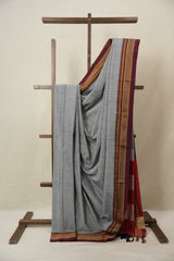 Grey Cotton Ilkal Saree With Chikki Border - SRGCIS864