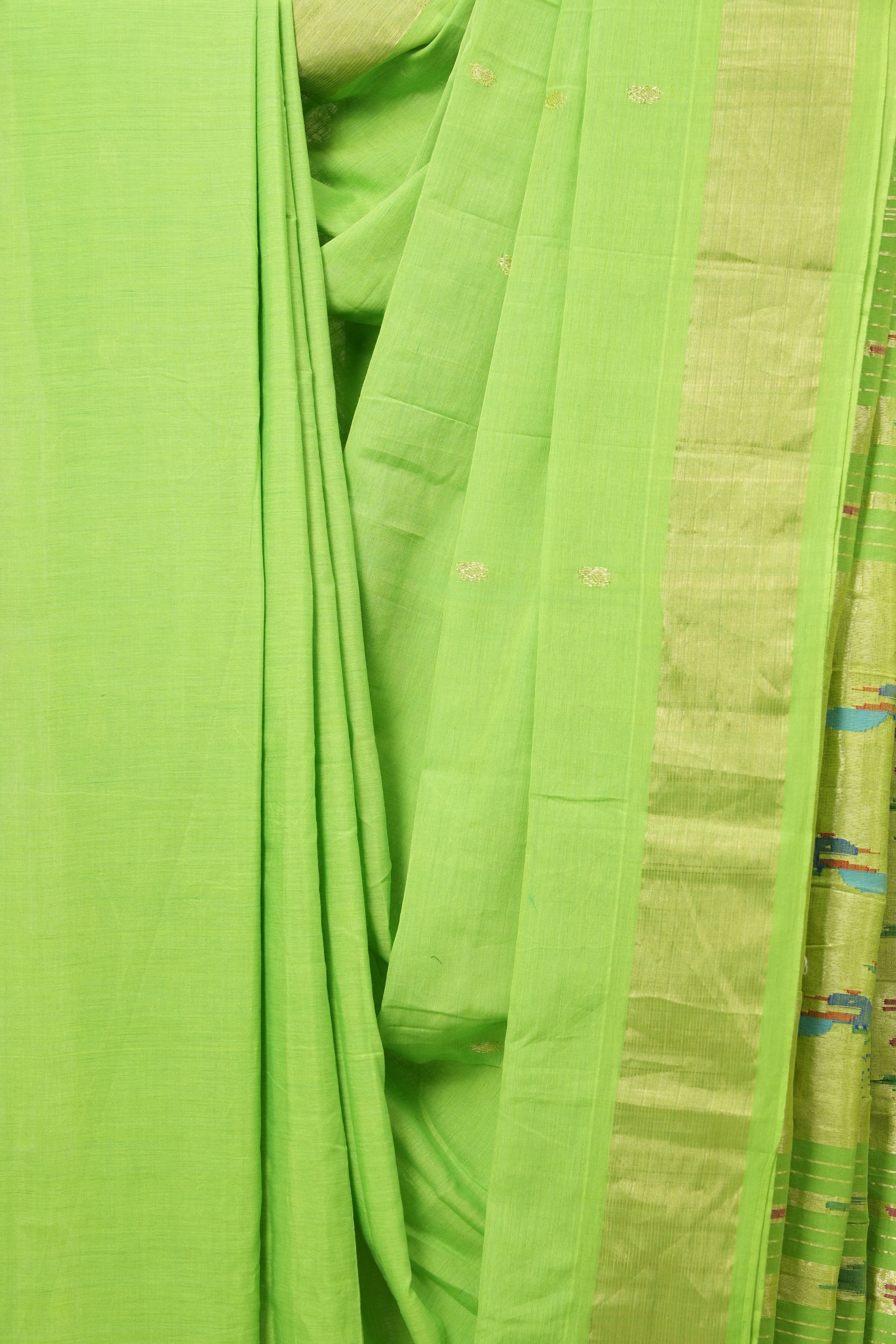 Parrot Green Cotton Paithani Saree - SRPGCPS602