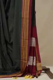 Dark Green Cotton Ilkal Saree With Chikki Border - SRDGCIS853